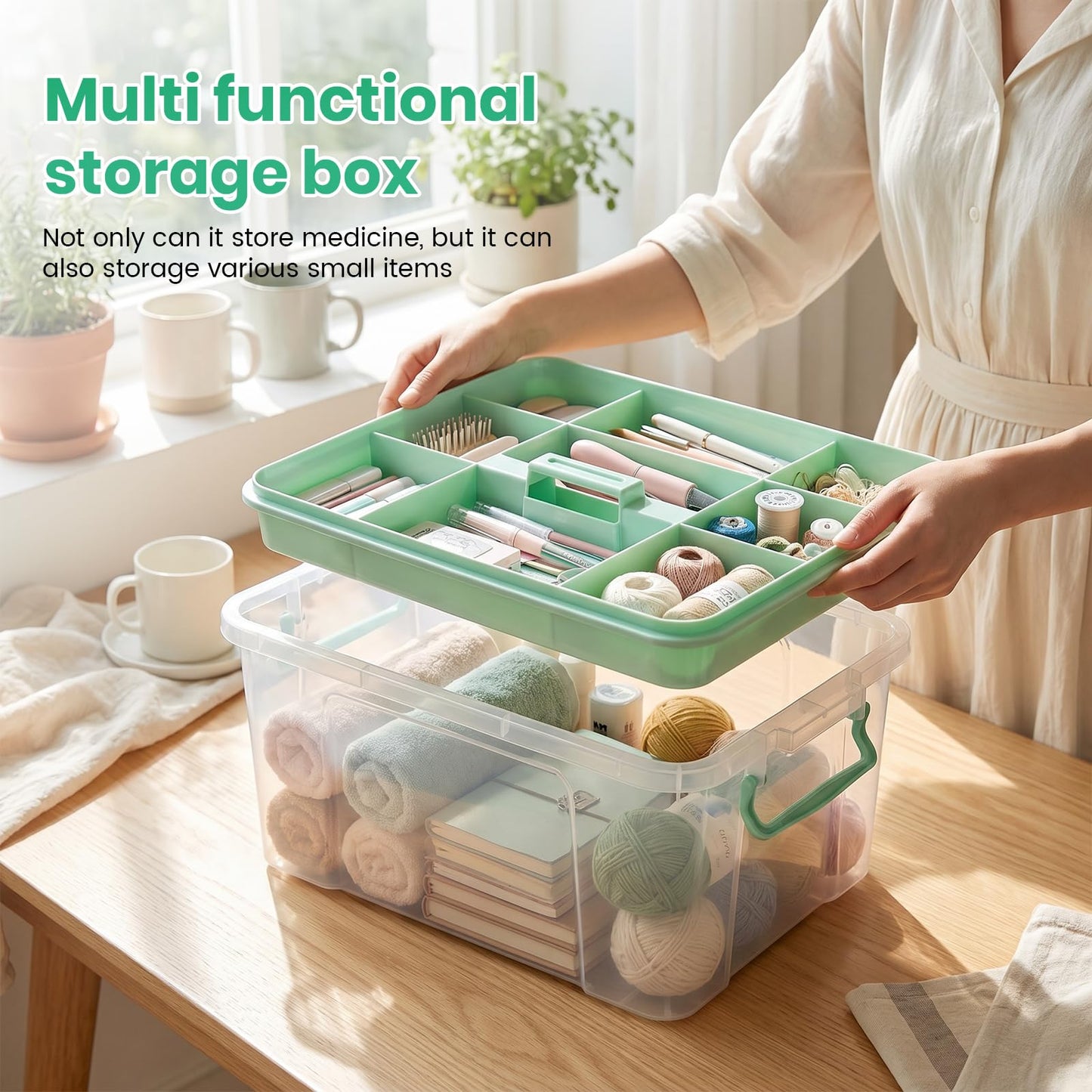 Nymblis Large Medicine Storage Box, 2-Layers Medication Box with Lid, Green