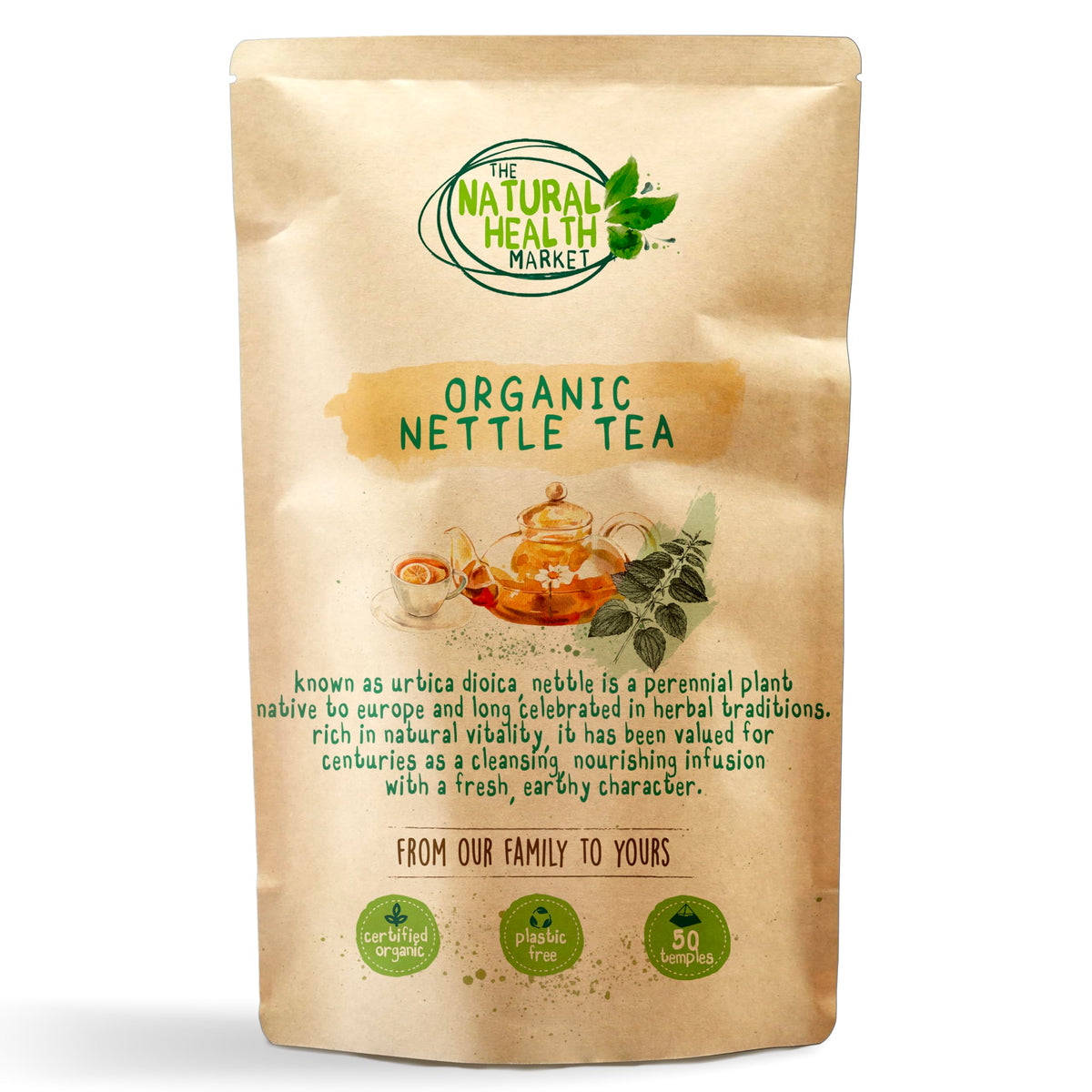 Organic Nettle Tea Bags 50 Temple Pack ? Caffeine-Free Herbal Infusion, Soil Association Certified, Plastic-Free ? The Natural Health Market ? UK