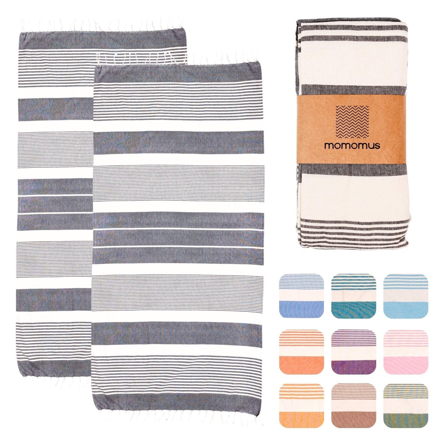 MOMOMUS 2 Pack XL Fouta or Cotton Beach Towels for Adults - Compact, Ultra-Soft, Absorbent - Extra Large Beach Towels for Adults - Grey 90x180cm