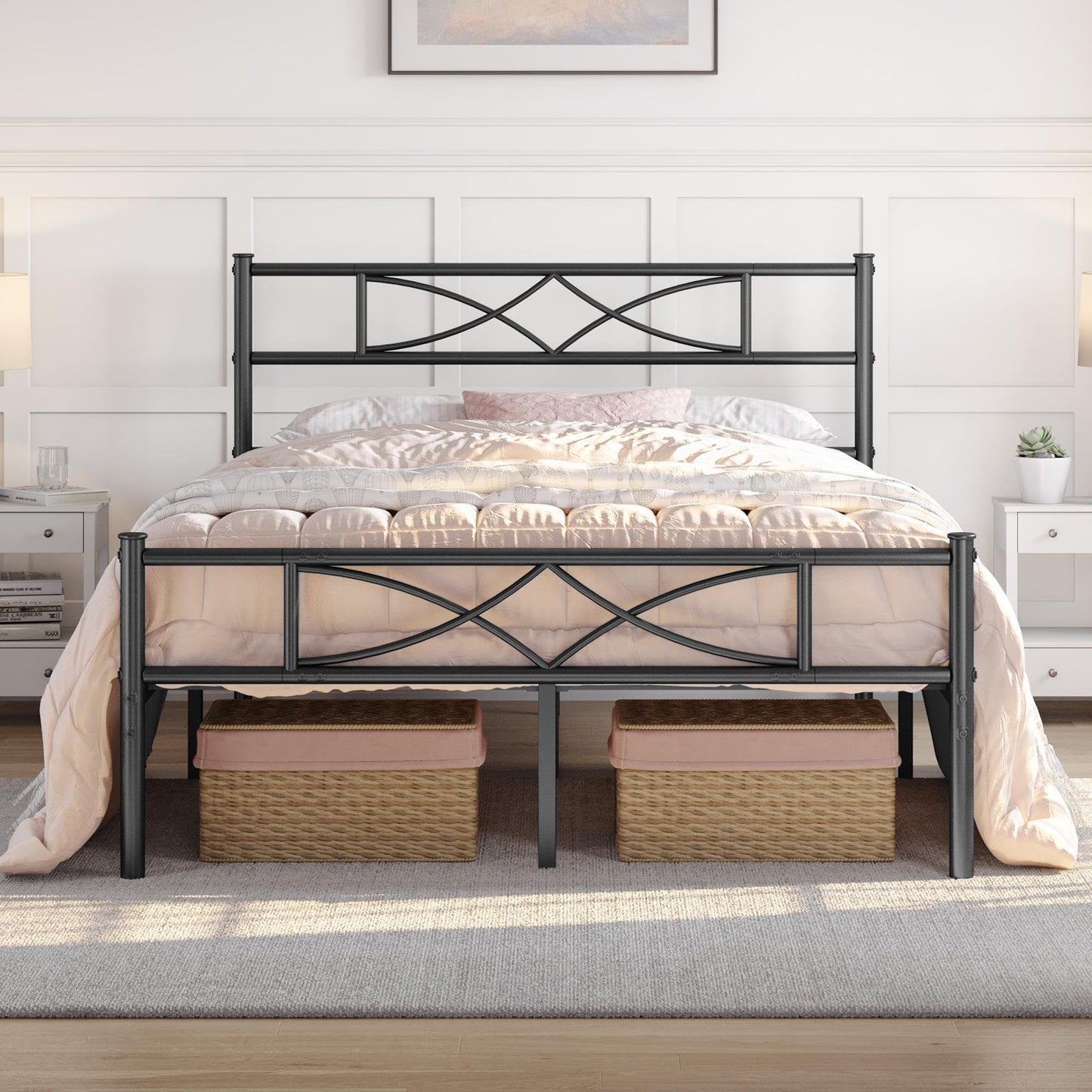 Yaheetech 5ft King Bed Frames Metal Slatted Bed Platform with Curved Design Headboard and Footboard, Under-bed Storage, No Box Spring Needed, 12