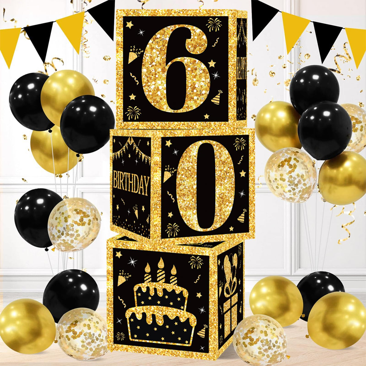 QIFU 60th Birthday Decorations Boxes for Men - 3pcs 60th Birthday Boxes Black and Gold, 60 Birthdays Party Decoration Black Gold Table Centrepiece