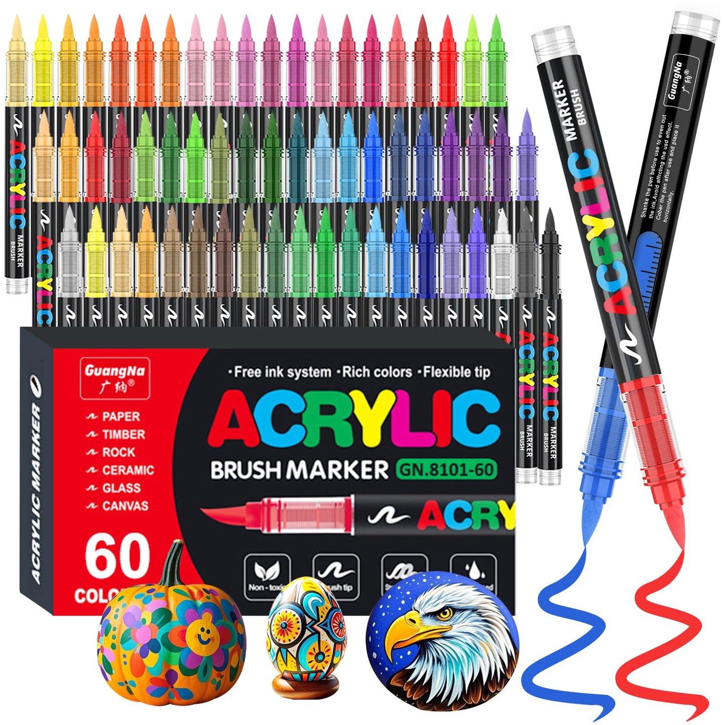 Funnasting 60 Colours Acrylic Paint Pens, Soft Brush Tip Acrylic Marker Pens, Paint Markers for Colouring, Glass, Fabric, Egg, Rock Painting and DIY