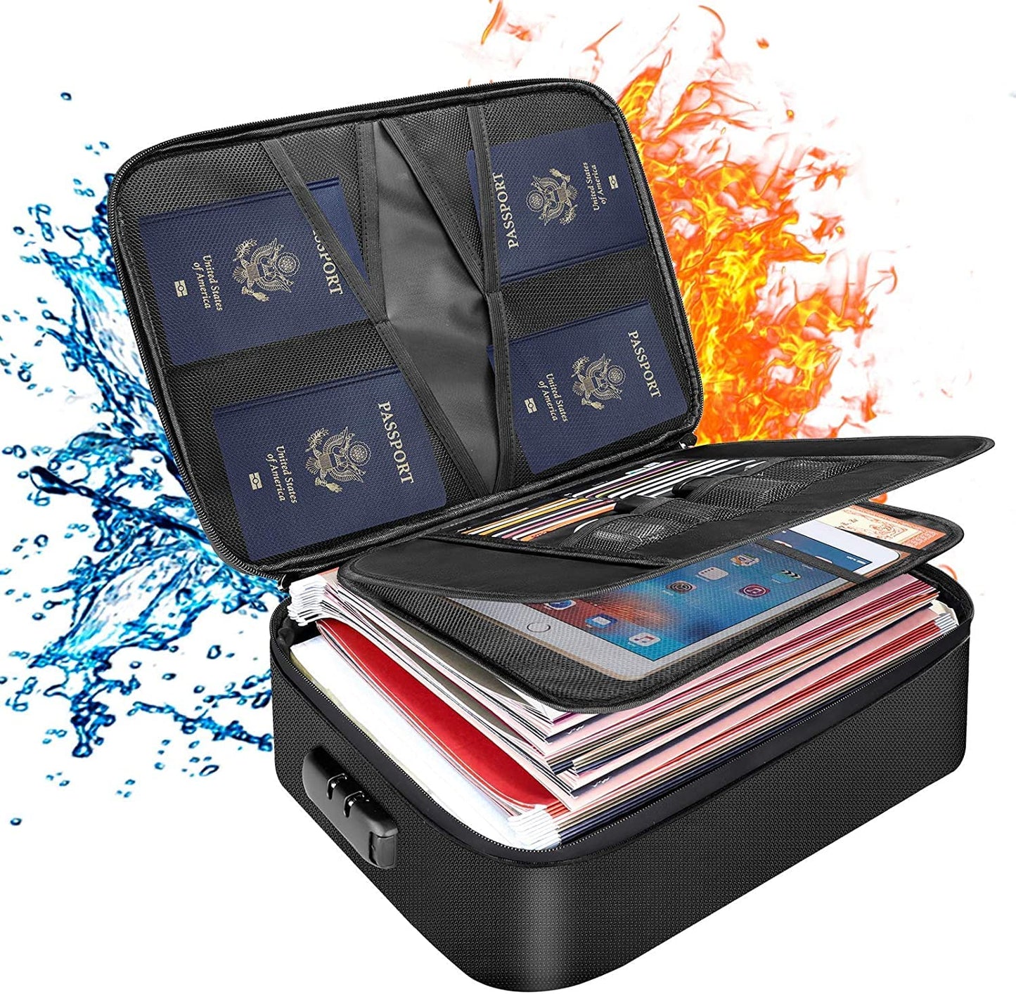 Tamfile Fireproof Document Box, 14.2''?10.6''?4'' Large Capacity 3-Layer Fireproof Document Bag with Lock, Fireproof File Storage Box for Passports,