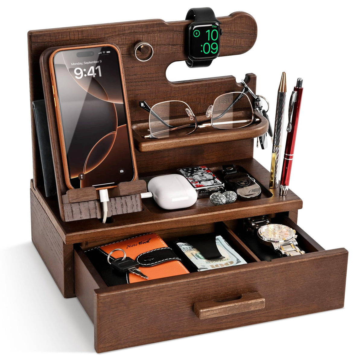 TESLYAR Wood Phone Docking Station with Drawer - Nightstand Organizer - Desk Organizer for Husband - Birthday Gifts for Men, Dad, Anniversary Idea,
