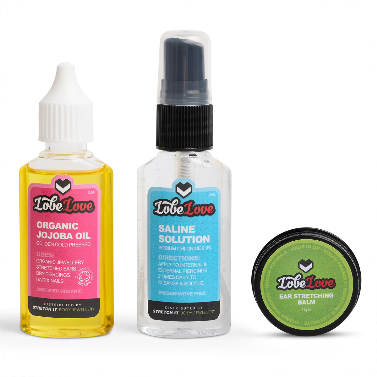Stretch It - Ear Stretching Aftercare Trio, LobeLove, Premium Ear Stretching Balm, Jojoba Oil, Organic & Professional Saline Solution Spray
