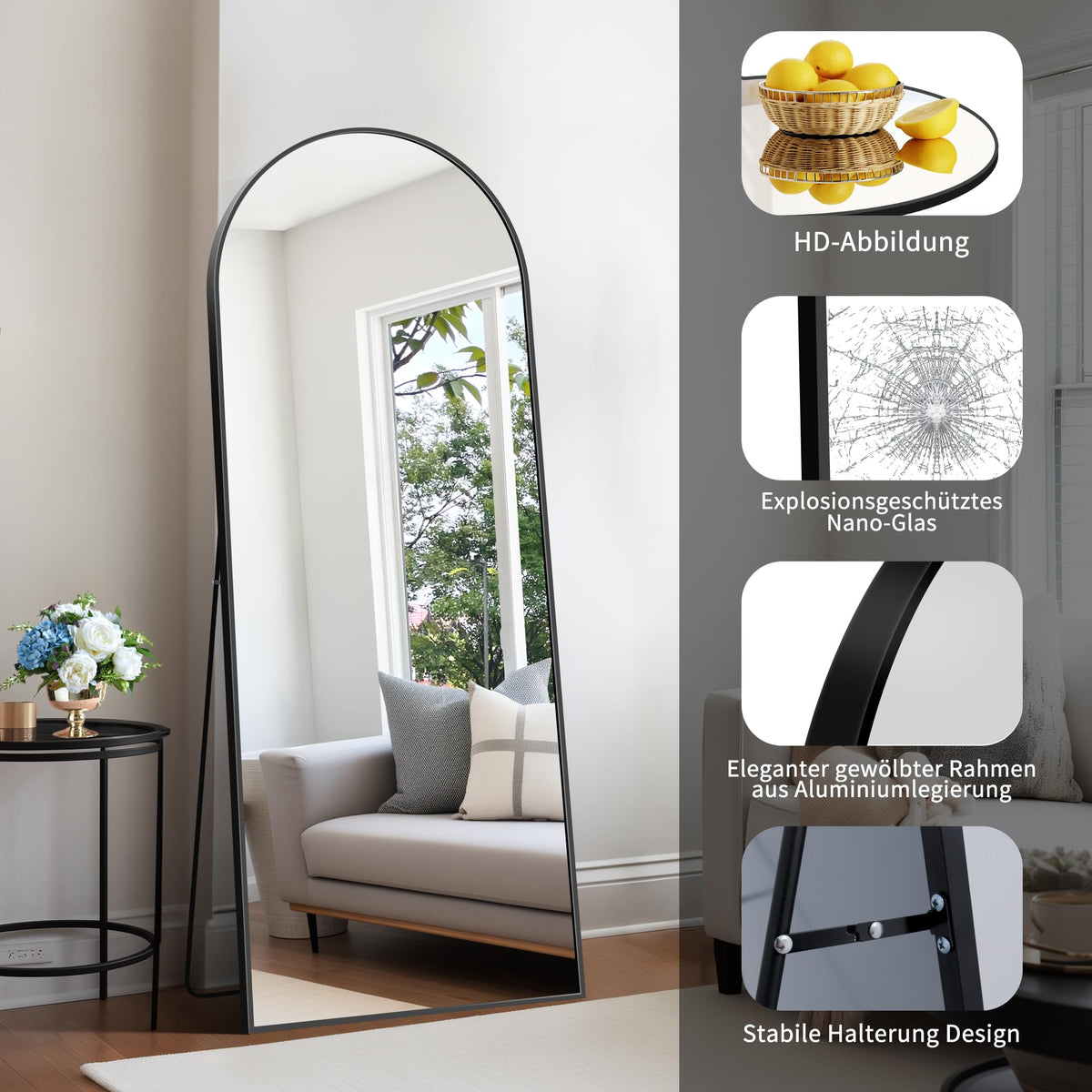 KOCUUY Arched Full Length Mirror, 161 x 52 cm Wall Mirrors, Standing or Leaning Full Body Mirror with Aluminum Alloy Frame, Suitable for Bedrooms,