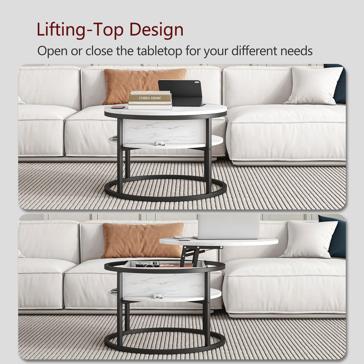 HOJINLINERO Round Coffee Table,Lift Top Coffee Tables for Living Room,Wooden Table with Hidden Storage & Lift Up Top,Modern Sofa Tea End Center