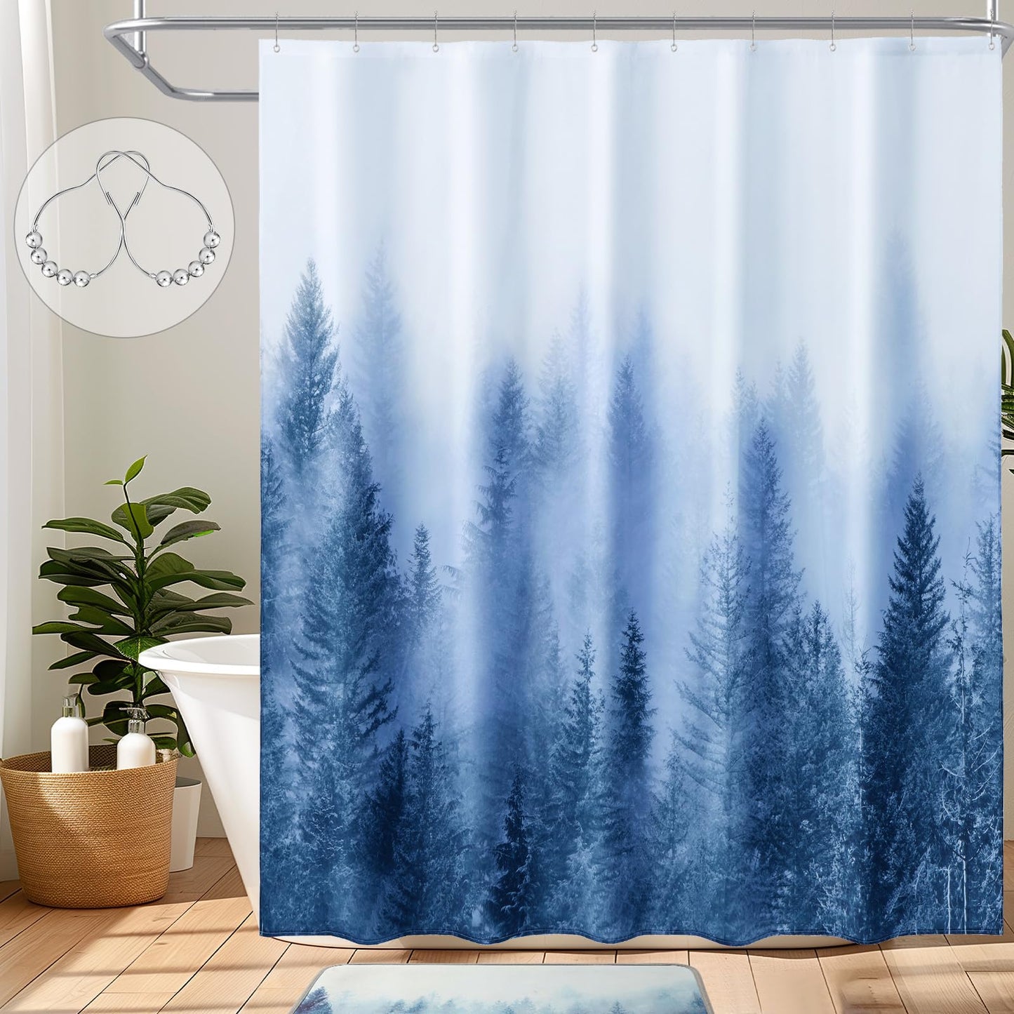 ORTIGIA Blue Misty Forest Shower Curtains,Nature Mountain Shower Curtain,Woodland Shower Curtain,Fantasy Fog Tree Bath Curtain for Bathroom,Waterproof