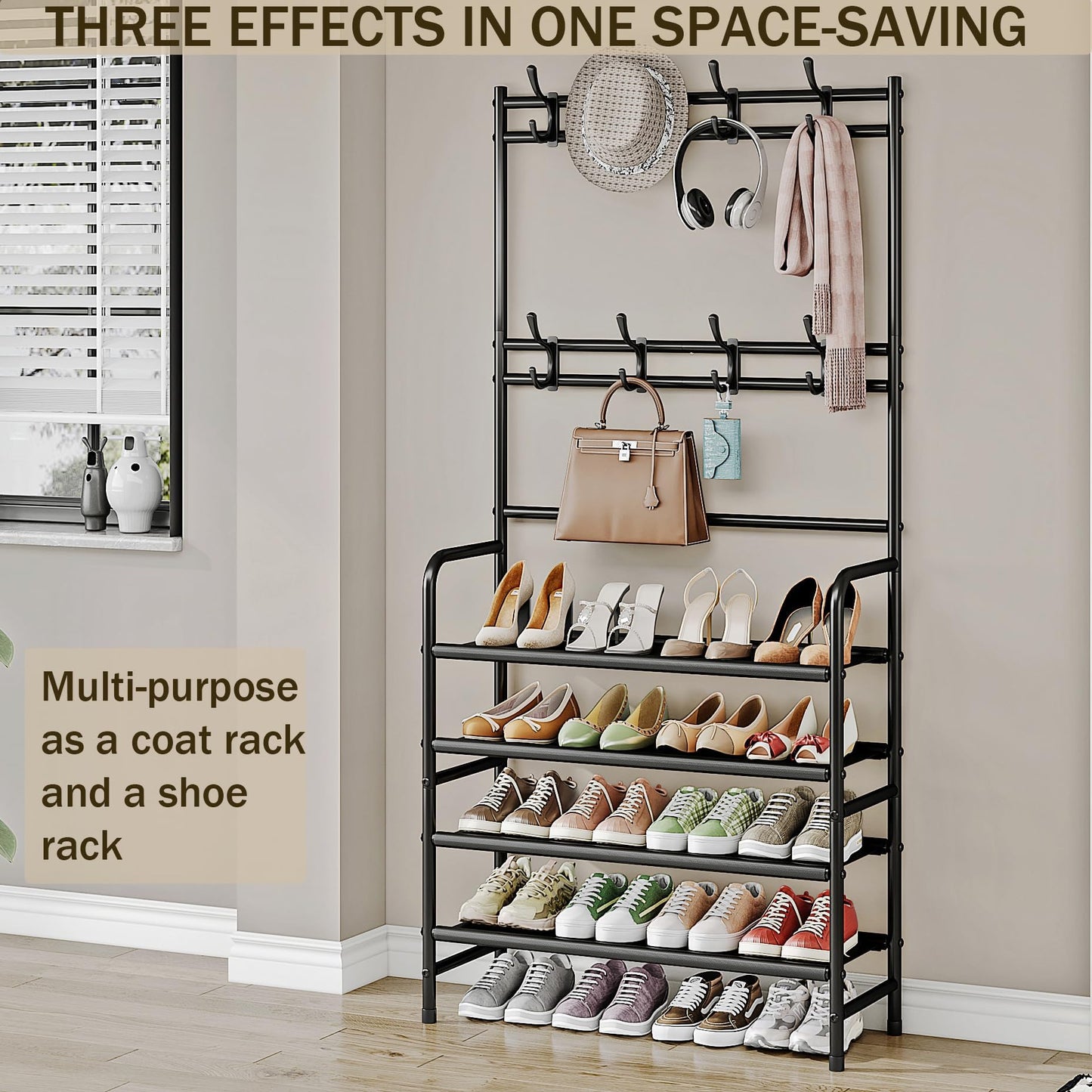 Dazioter Coat Rack Shoe Rack With Storage Shelf Freestanding with 8 Hooks for Entryway Bedroom Closet 4 Tier, Black