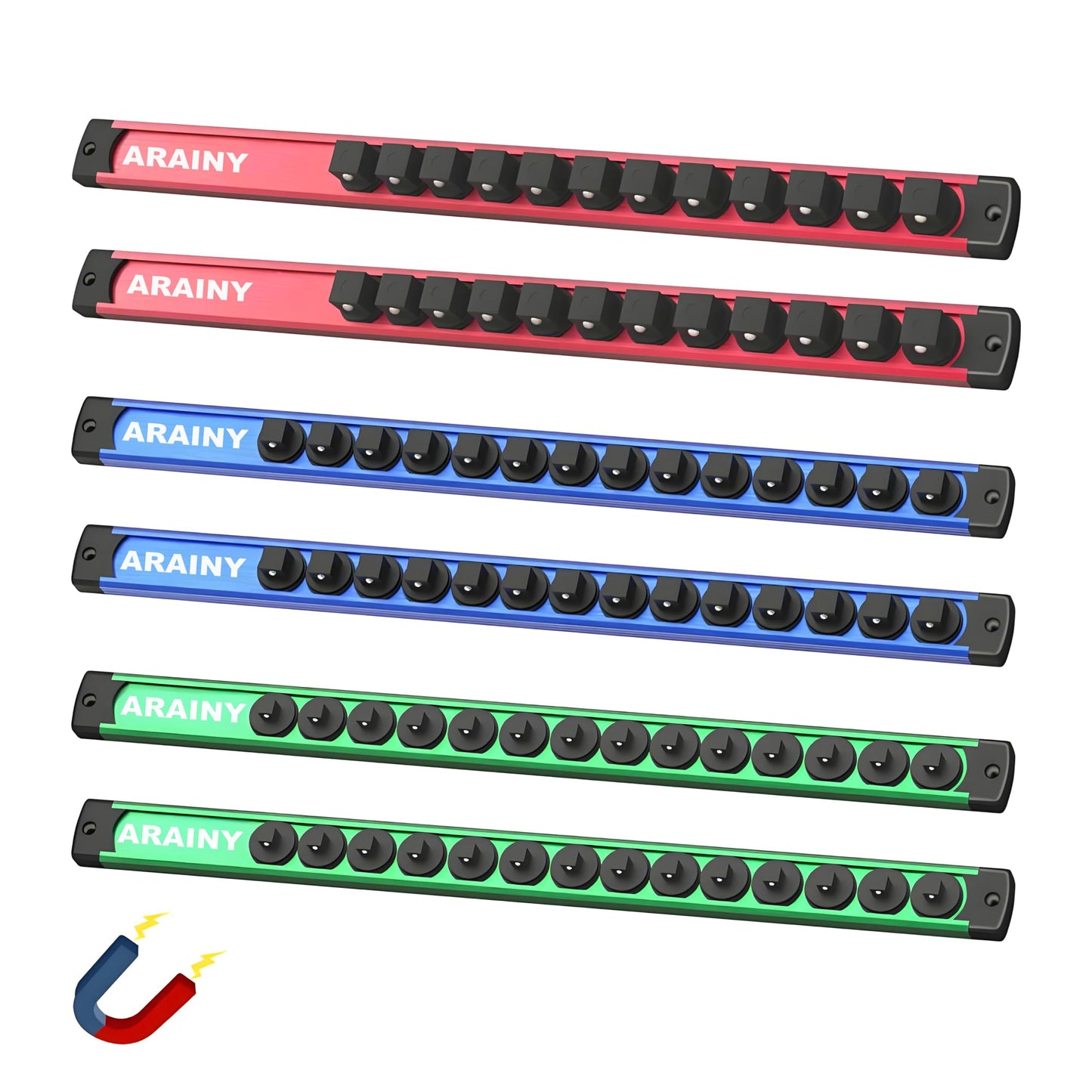 ARAINY Magnetic Socket Holder Organizer 6-Piece Set, Aluminum Alloy Socket Rail for Tool Box Drawer, 360? Swivel 1/2, 3/8, 1/4-Inch Socket Trays