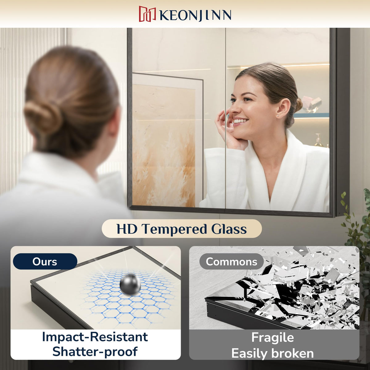 Keonjinn Bathroom Mirror Cabinets 60x80cm, Assembly Required, Black Aluminum Frame Mirrored Bathroom Cabinet Wall Mounted with Storage