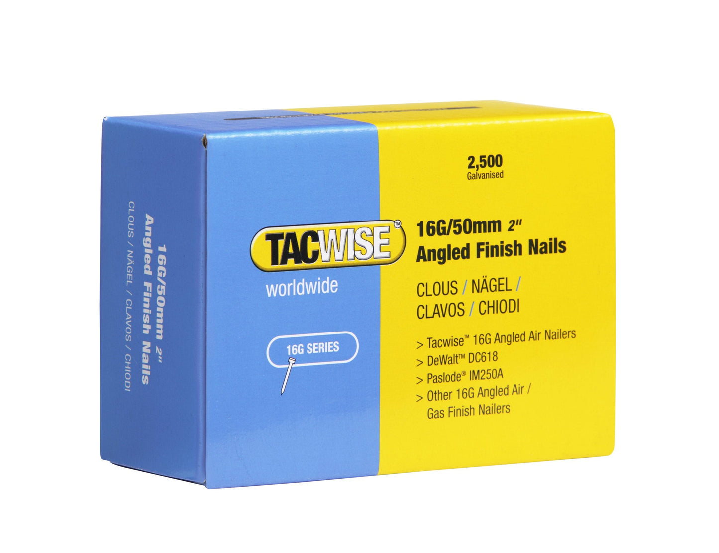 Tacwise 0772 Type 16G / 50 mm Galvanised Angled Finish Nails, 20? Inclined, Pack of 2500