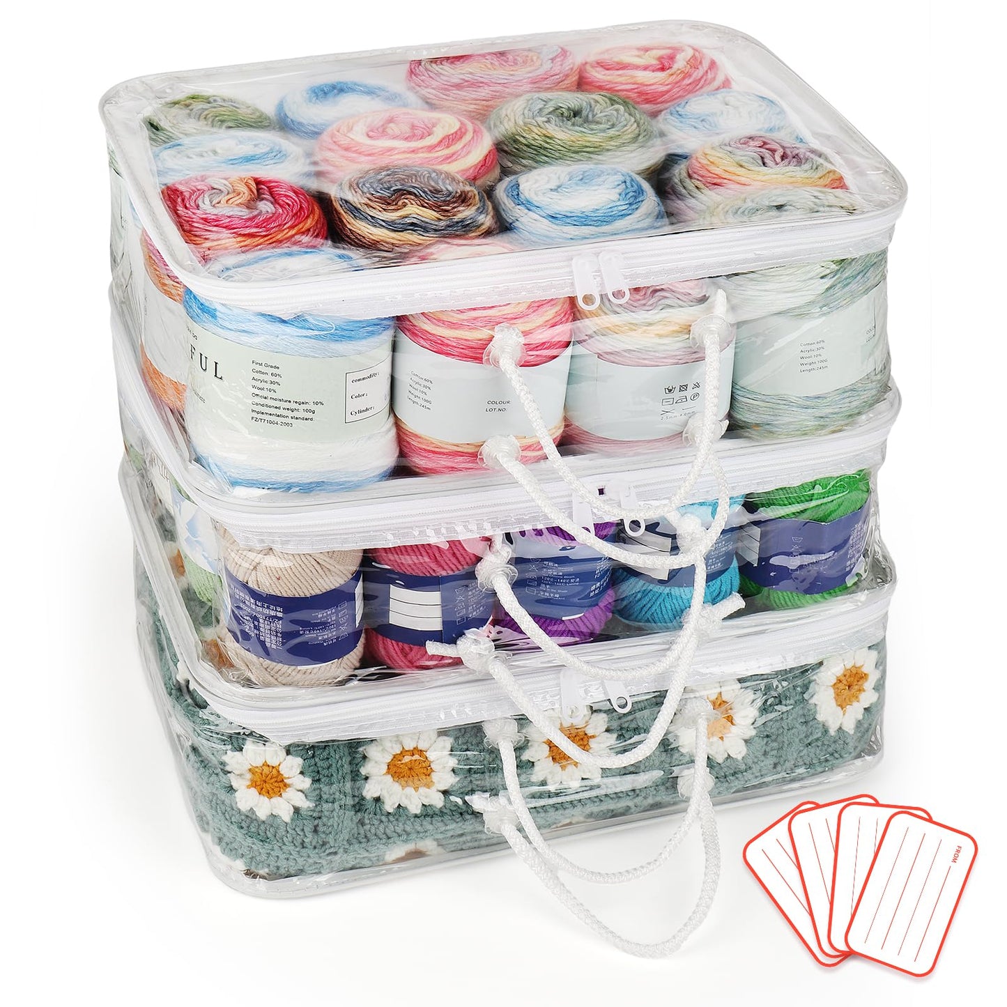 Coopay Clear Yarn Storage Organizer, 3PCS Large Wool Storage Bag (40x30x15cm), Portable Yarn Storage Organiser with Handle, Waterproof & Space-Saving