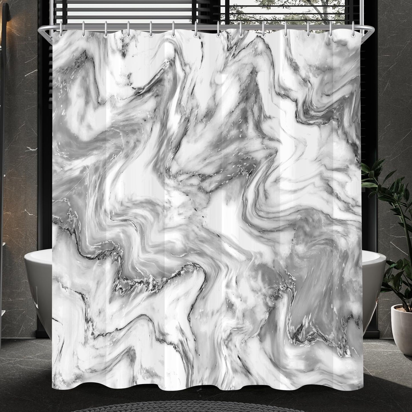 Lerores Shower Curtain, 200 x 200 cm, Marble Anti-Mould Textile, Weighted Hem, Water-Repellent, Washable Polyester Fabric Bath Curtains with 12