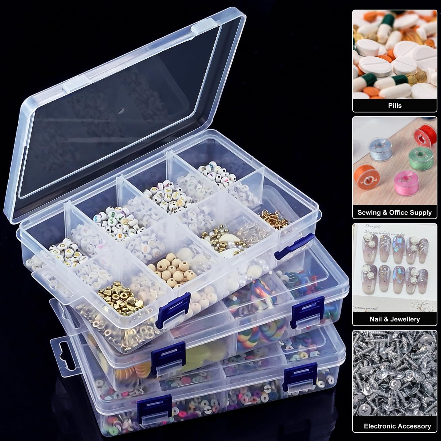 3Pcs Clear Craft Storage Boxes, Adjustable Dividers 8 Grids Plastic Tiered Organiser Diamond Embroidery Box
