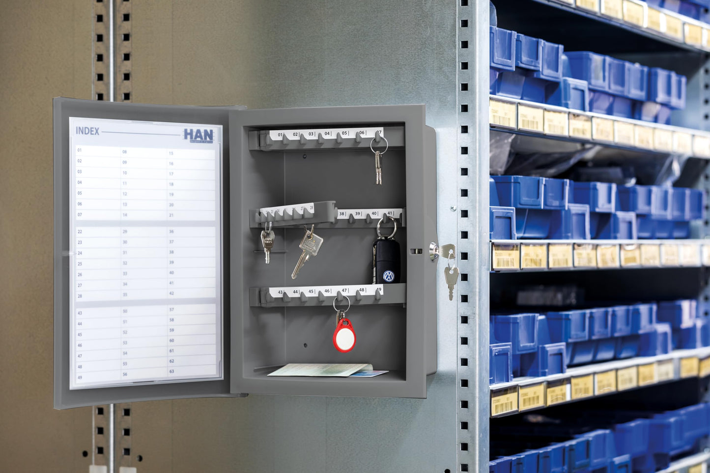 HAN 4023-11, Key cabinet INDEX. Individual design, functional, safe and lockable, large capacity for 63 keys, light-grey
