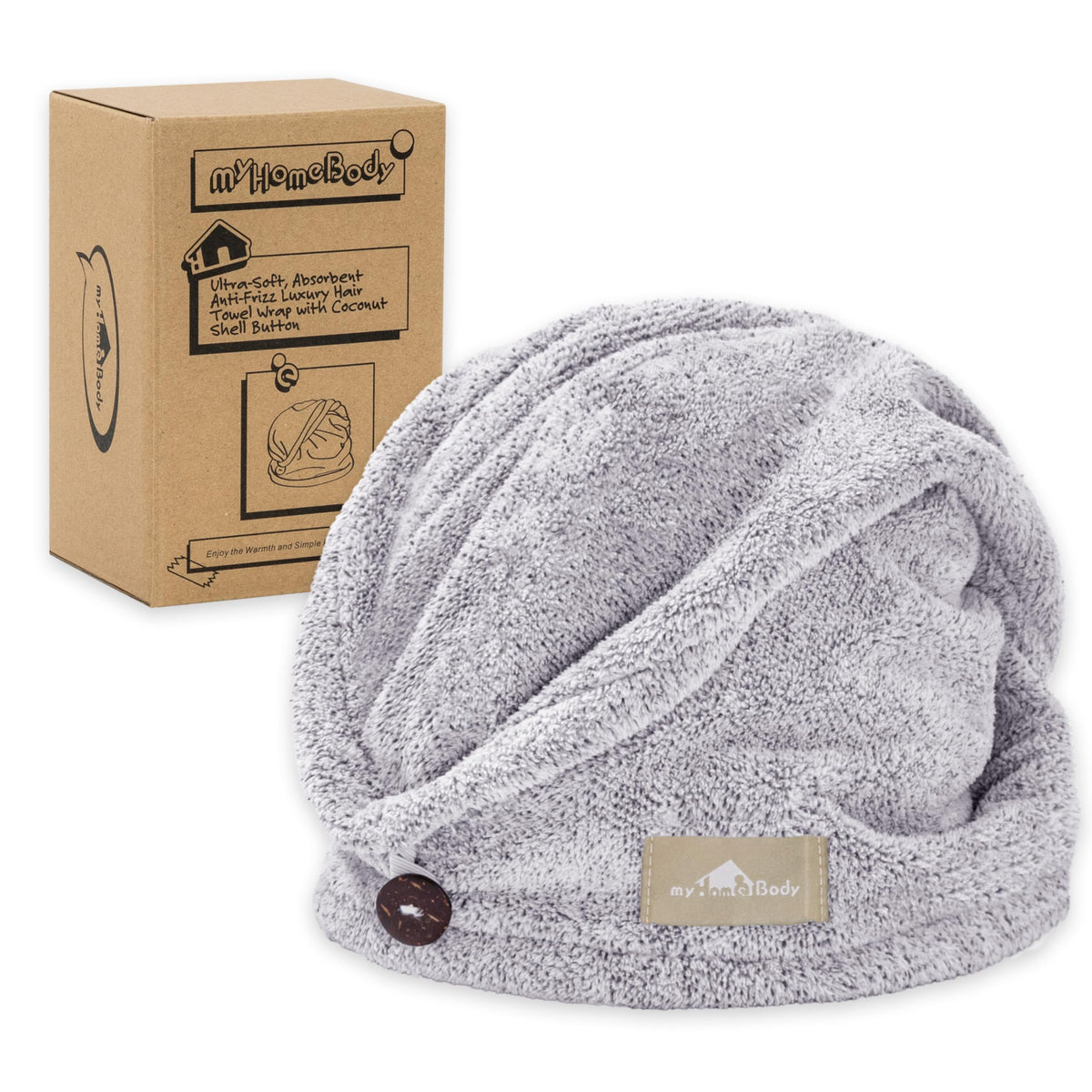 myHomeBody Hair Towel Wrap, Luxury Rapid-Dry Hair-Drying Turban, Ultra Soft and Quick Drying Absorbent Charcoal Fiber, with Coconut Shell Button -
