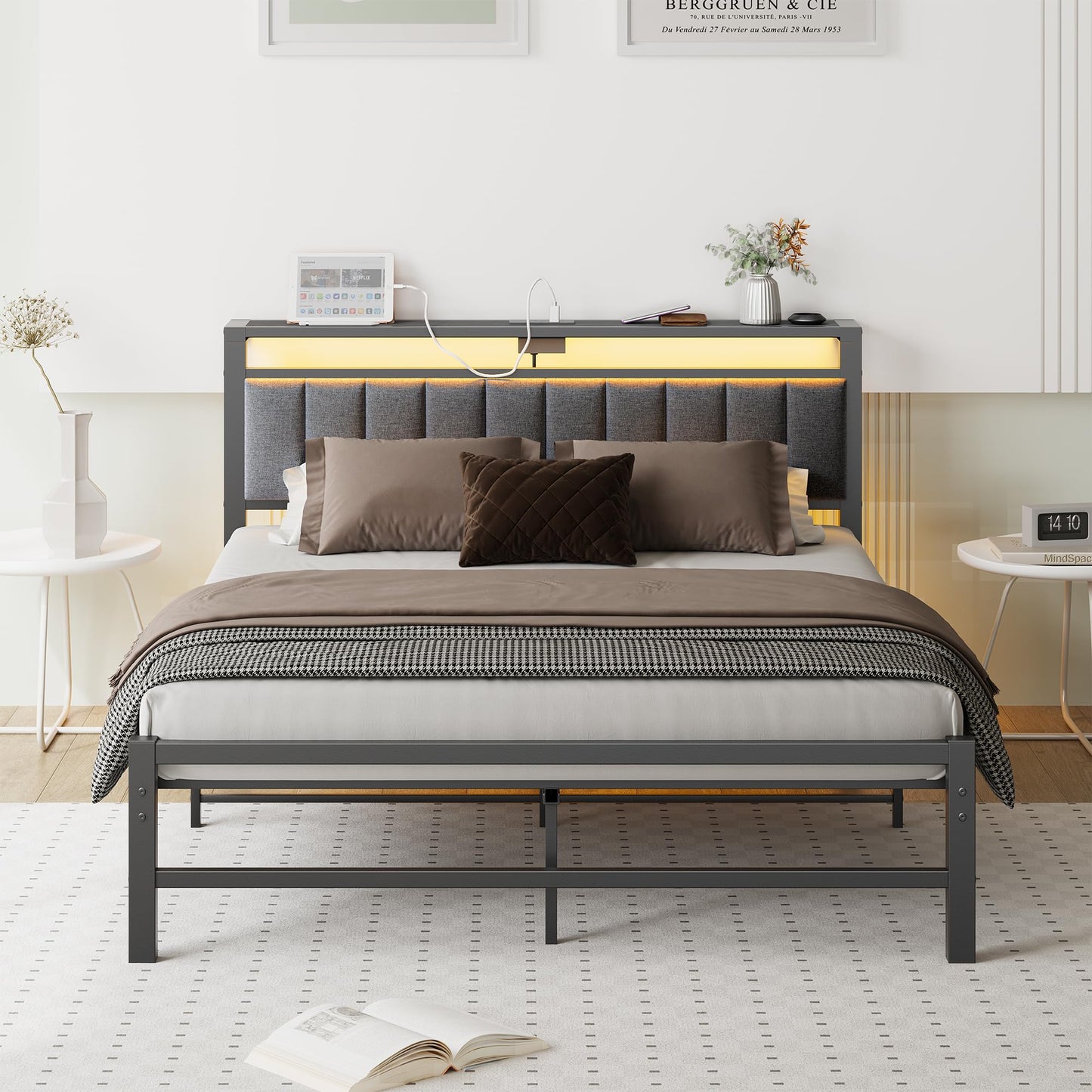 ARFARLY Double Bed Frame with Storage Headboard, 4ft6 Upholstered Bed Frame Double Bed with Charging Station and LED Lights/Under Bed Storage/No Box