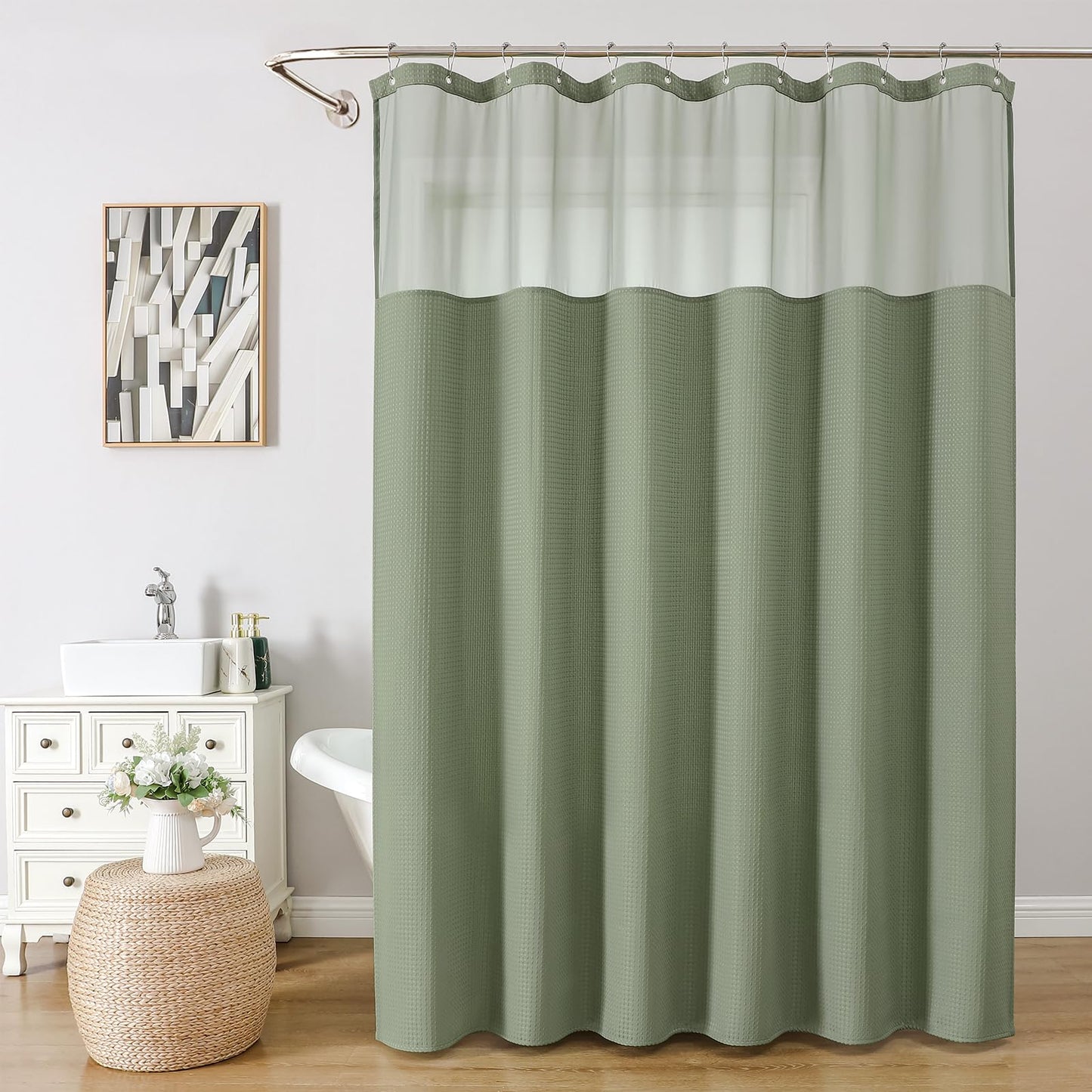 VANZAVANZU Waterproof Shower Curtain with Mesh Top Window, Waffle Weave Fabric Shower Curtain for Bathroom with Stainless Steel Hooks, Weighted Hem,