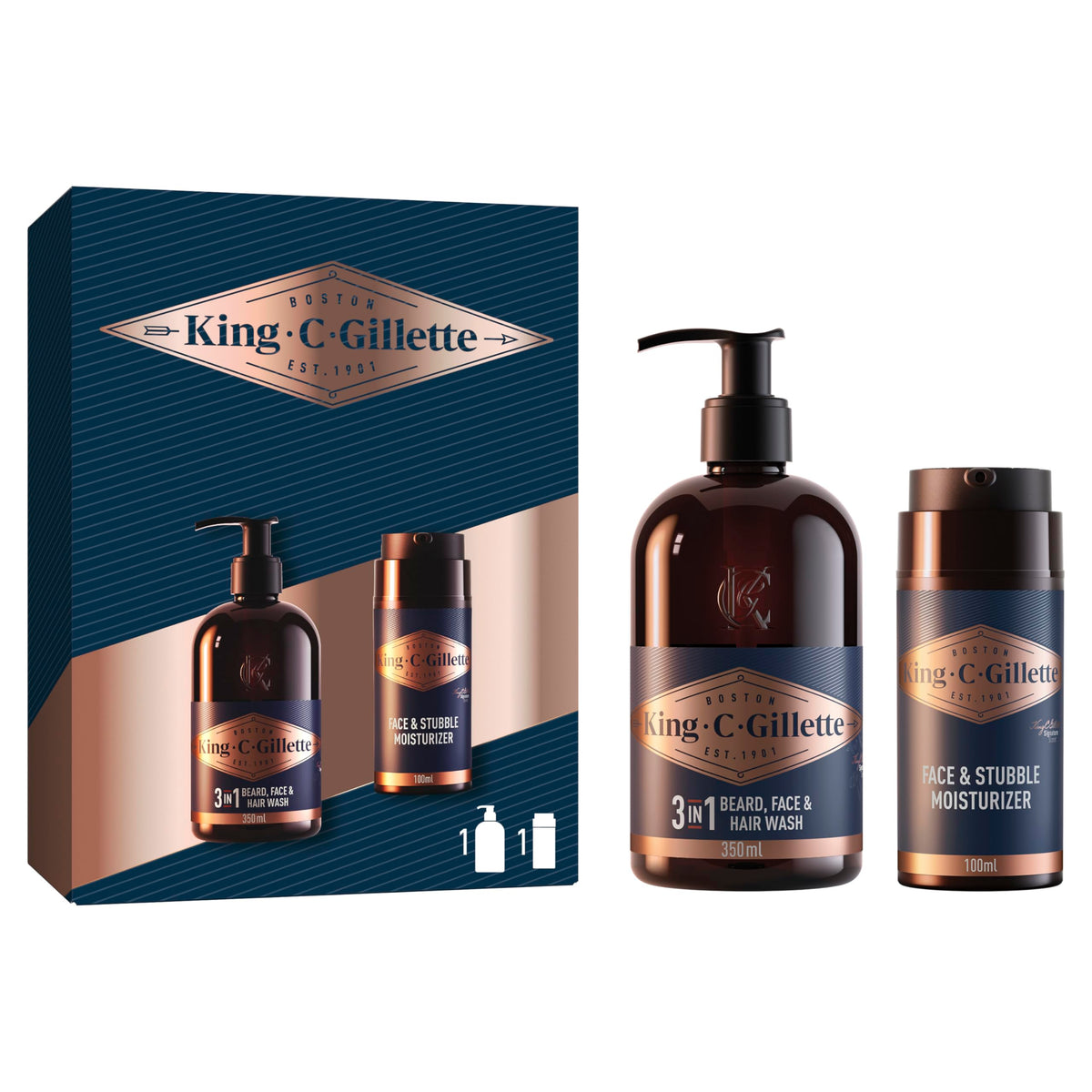 King C. Gillette Men's Beard Care & Grooming Gift Set, 3-in-1 Beard, Face & Hair Wash 350ml, Face & Stubble Moisturiser 100ml, Daily Beard Care Kit