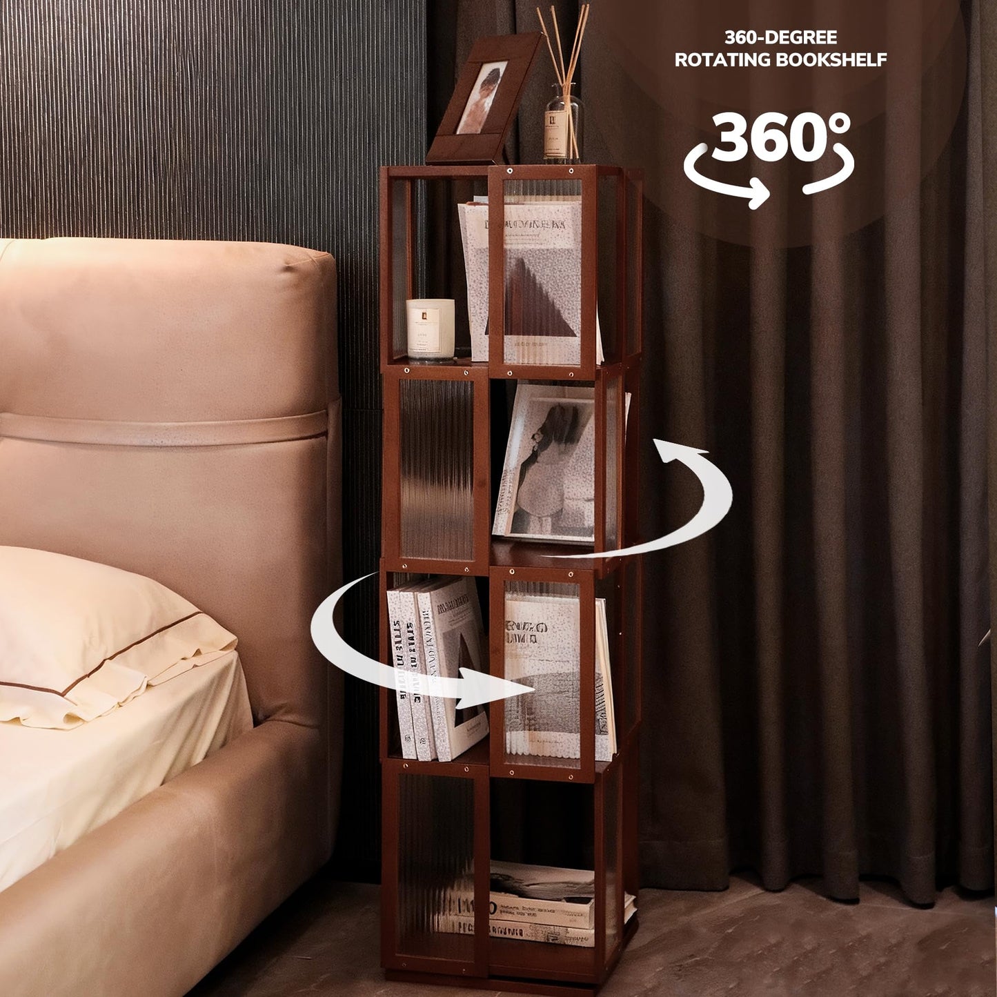 BAMEOS Rotating Bookshelf Tower 4 Tier,360°Storage Spinning Bookcase, Solid Wood Brown Cube Corner Bookshelf for Office, Bedroom and Living Room