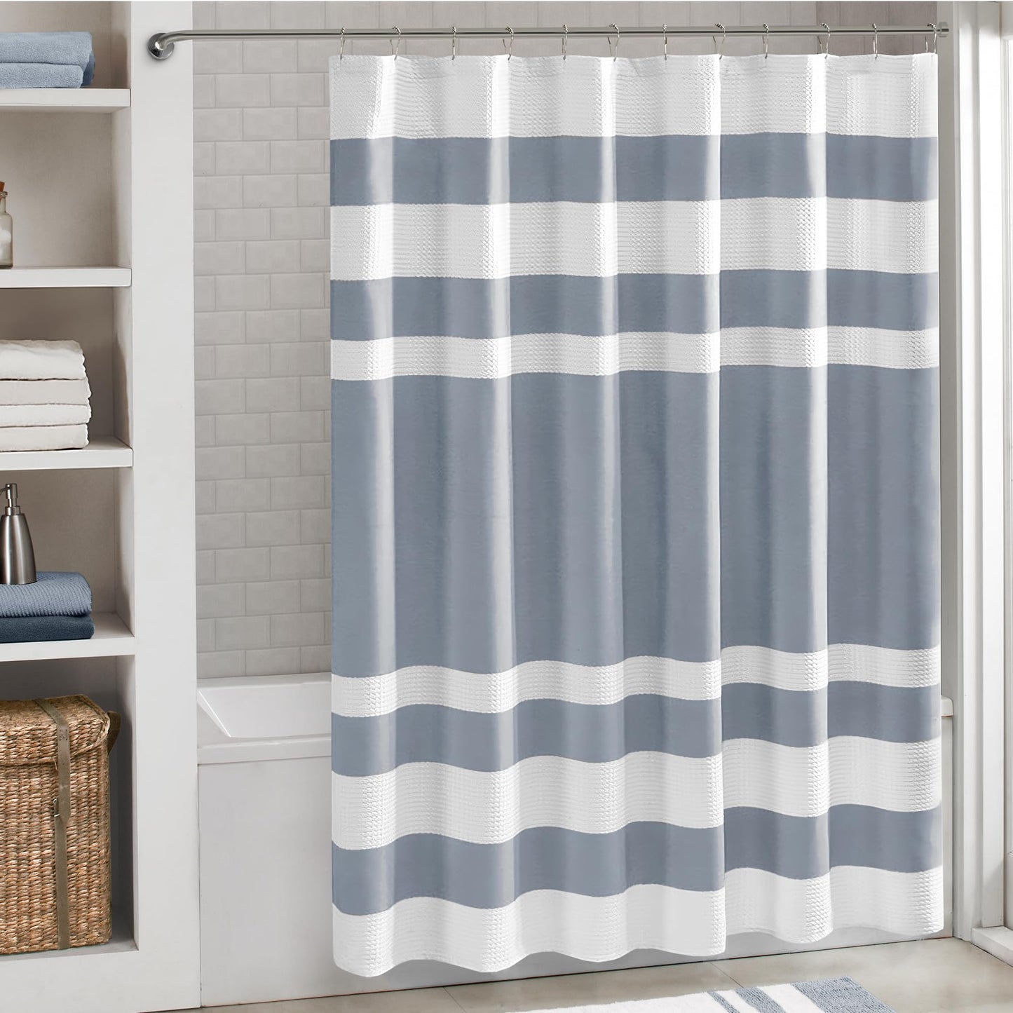 Madison Park Spa 3M Scotchgard Stripe Waffle Fabric Shower Curtain Bathroom Shower Curtain with 3M Moisture Management Spa Quality Modern Standard,