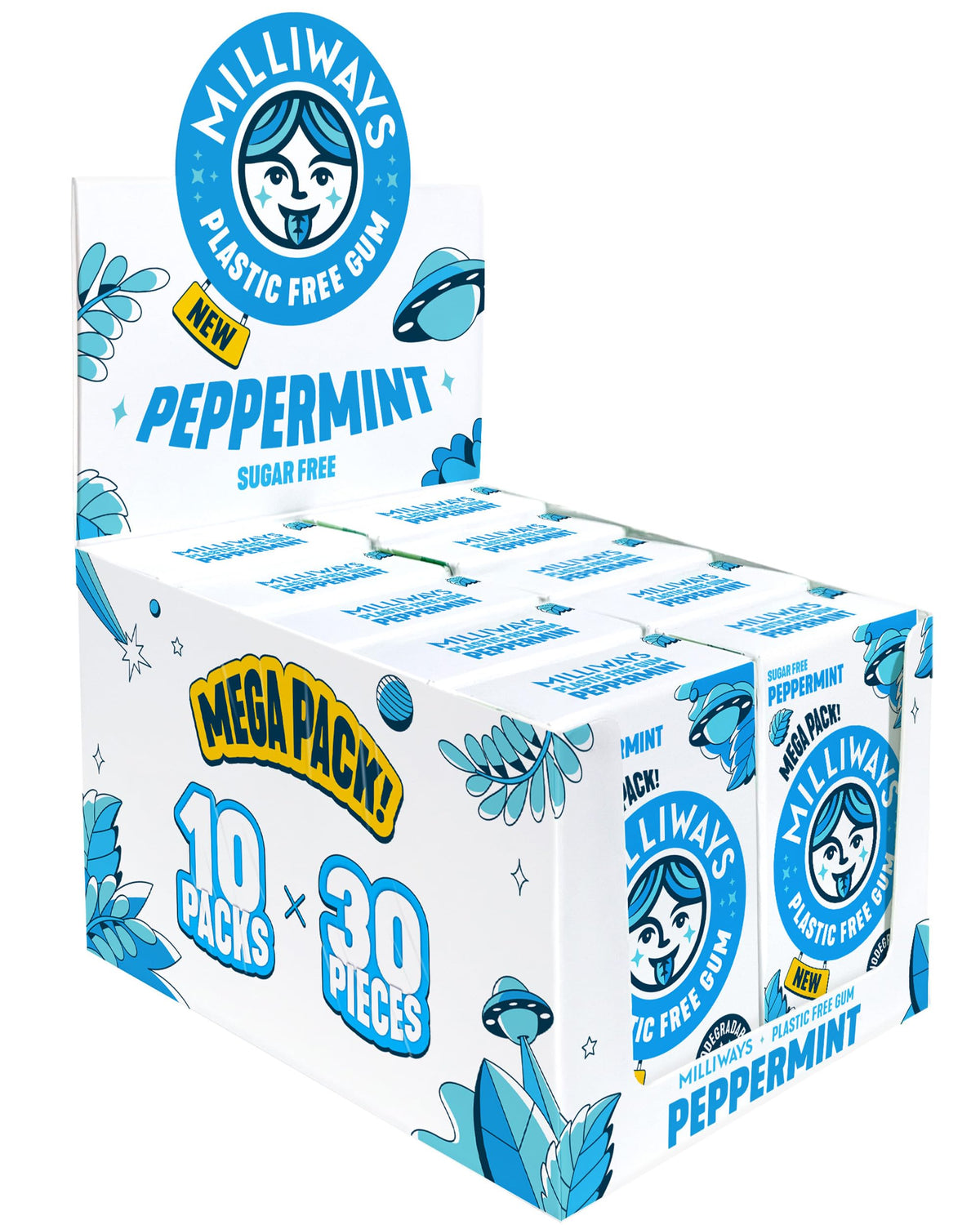 Milliways Peppermint Chewing Gum, Plastic Free, Sugar Free, Aspartame Free, Natural | 10 Packs of 30 Pieces (300 Pieces Total) | MEGA PACK | Xylitol,