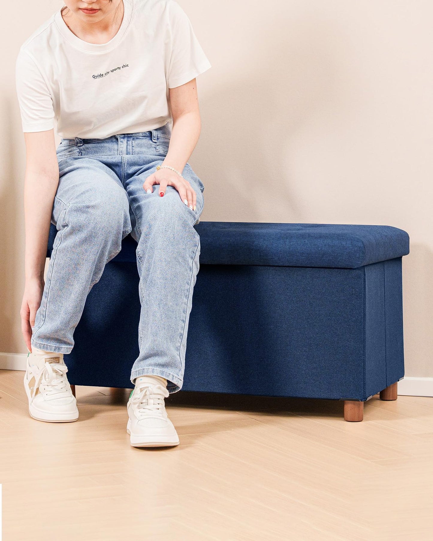 Bonlife Storage Ottoman with Tray, Foldable Bench with Wooden Legs