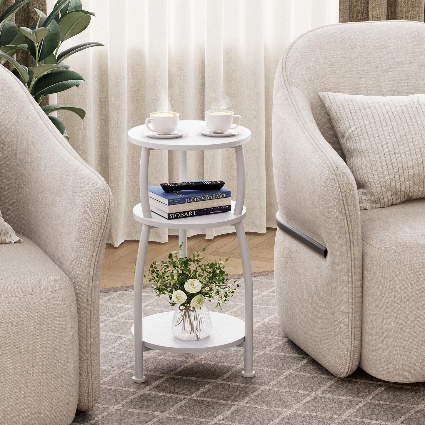 Yuede Round Side Table, 3 Tier Slim Round Coffee Table, Small End Table with Storage Shelf, Bedside Table, for Living Room, Bedroom, Small Space