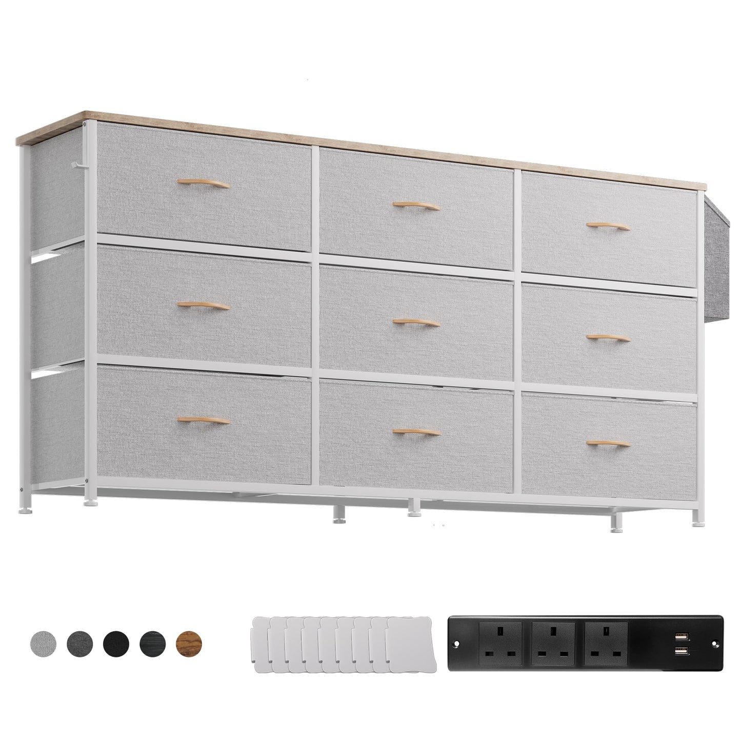PURFINO Fabric Chest of Drawers - Large TV Stand for 43-65 Inch TVs with 9 Drawers, Label Cards, Side Pocket & Hook, Odor Free Storage Unit for Living