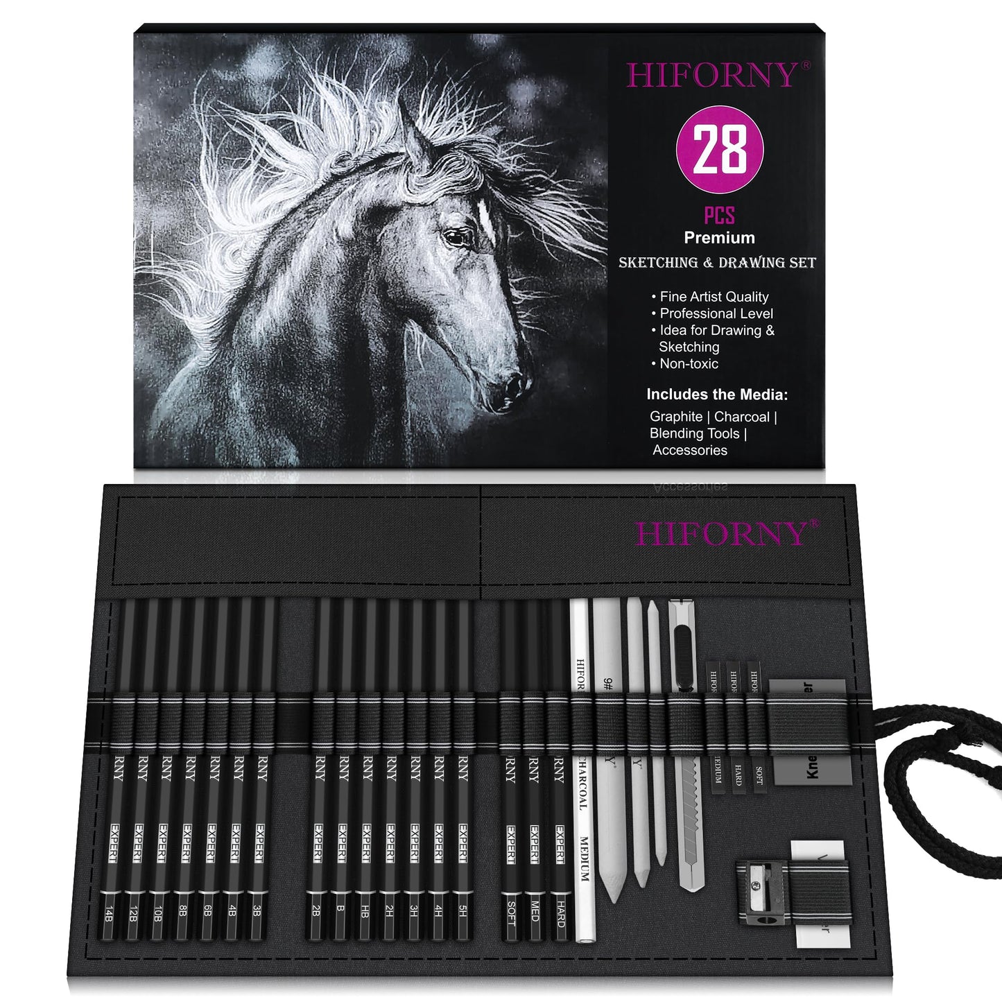 HIFORNY 28 PCS Sketching Drawing Pencil Set,Sketch Pencils Art Supplies with Graphite,Charcoal,Blending Tools,Accessories,Drawing Kit for Adults