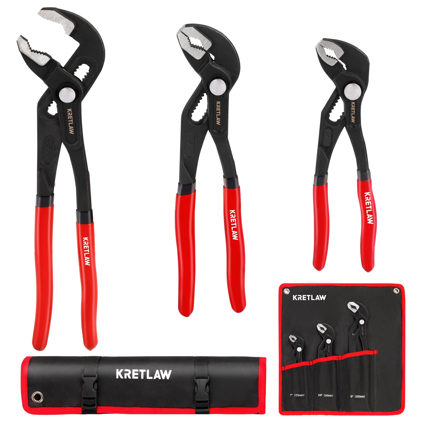KRETLAW 3-Piece Groove Joint Pliers Set (300mm & 250mm & 180mm), Quick-Adjustable Water Pump Pliers?Cr-V V-Jaw Tongue and Groove Pliers for Home