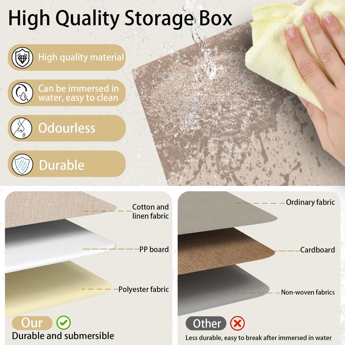 Yawinhe Foldable Storage Boxes, 2 Pack Fabric Baskets,38x25x25cm,Beige