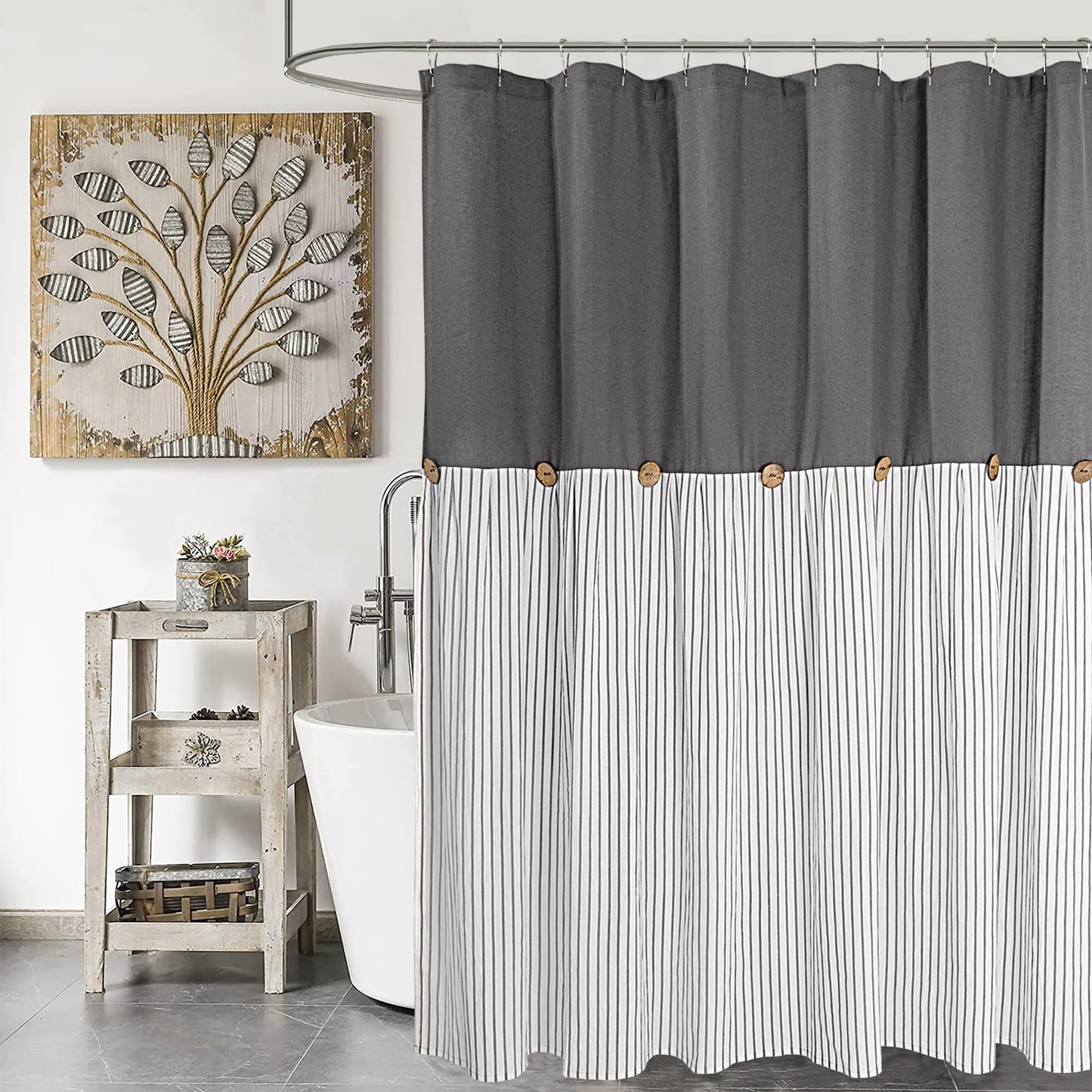 DOSLY ID?ES Linen Cotton Shower Curtain Country Style Grey Striped Buttons Woven Fabric Pleated 180x180cm