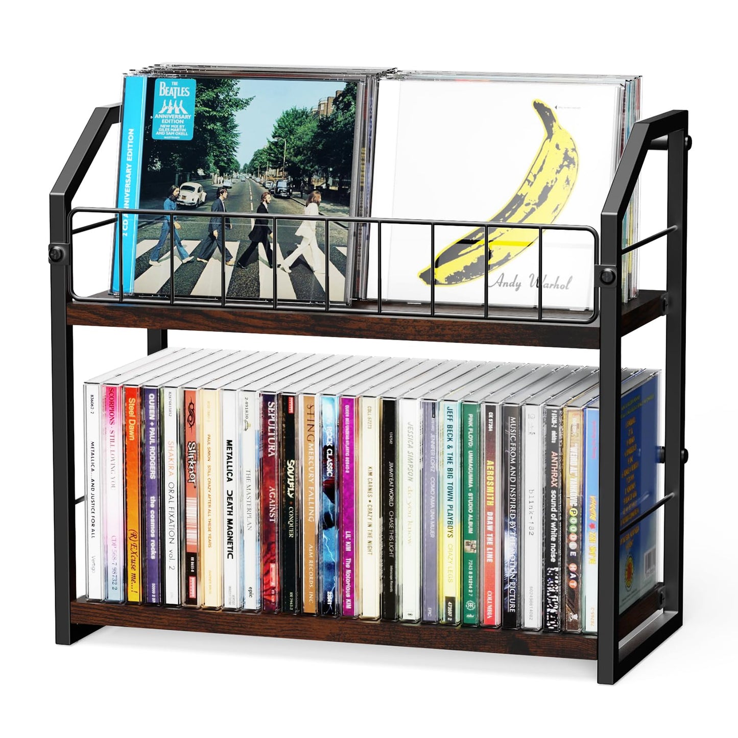 TJ.MOREE 2 Tier Vinyl Record Holder,56 Capacity CD Rack/Storage/Holder and Vinyl Record Storage, Industrial Retro Carbon Steel/Wood, Space Saving