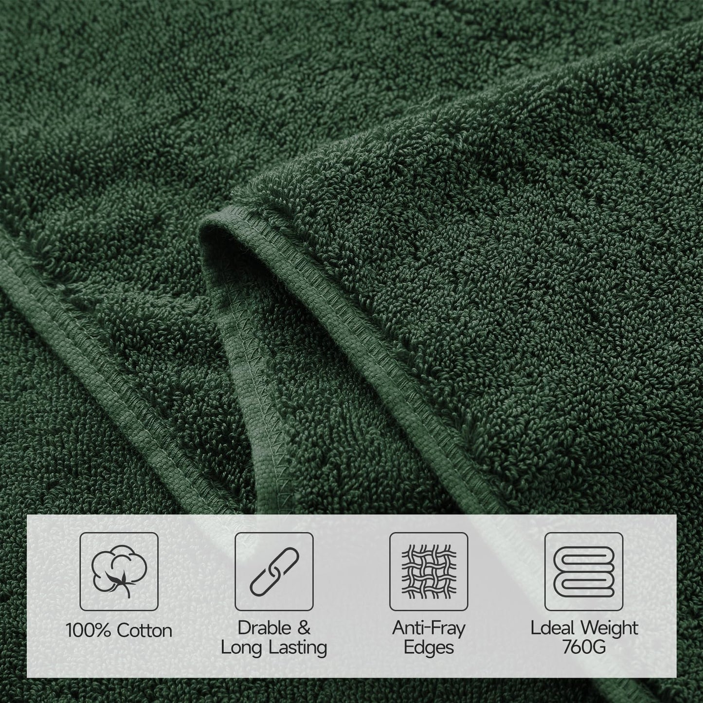 REDKISS 2-pack Dark Green Large Bath Towels-160 x 80CM Cotton Luxury Towel
