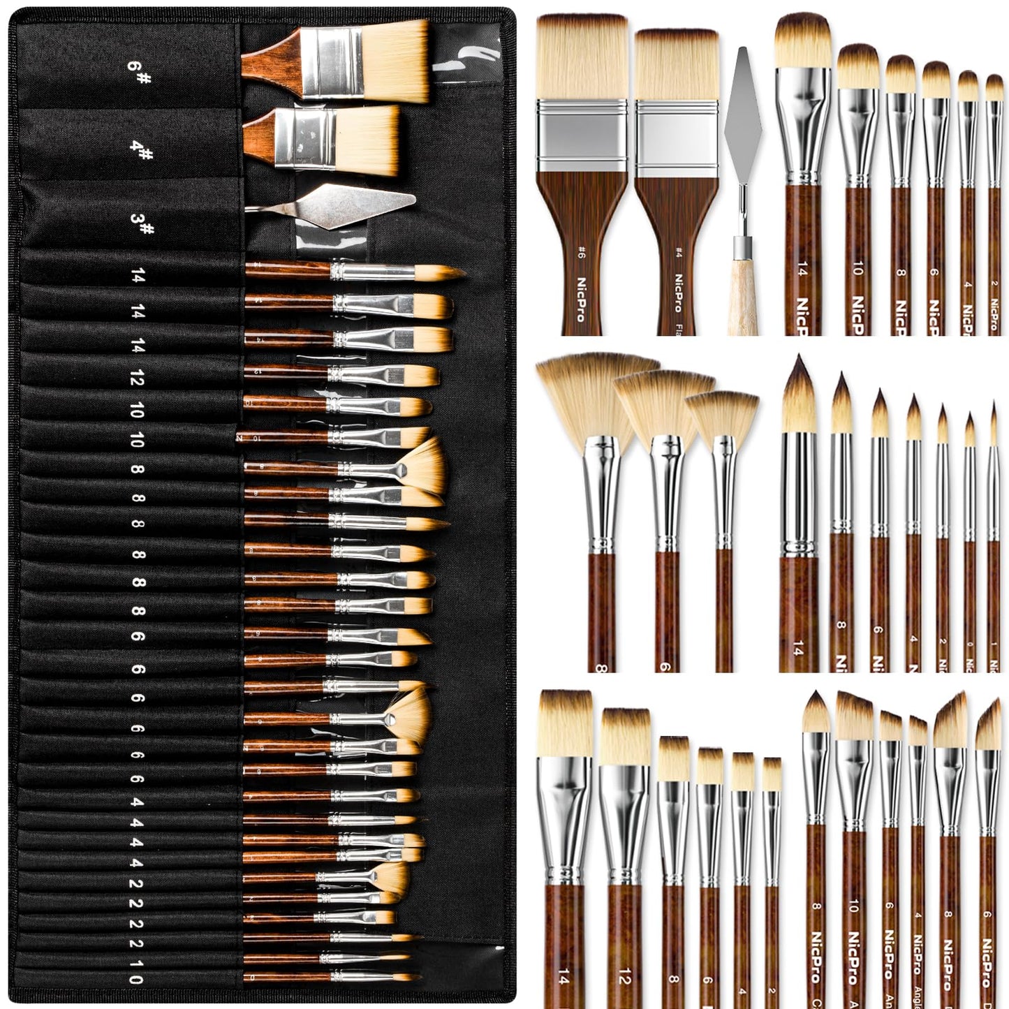Nicpro 30pcs Paint Brush Set, Professional Paintbrushes with Palette Knife and Cloth Roll, Craft Paint Brushes for Acrylic Painting, Oil, Watercolour,