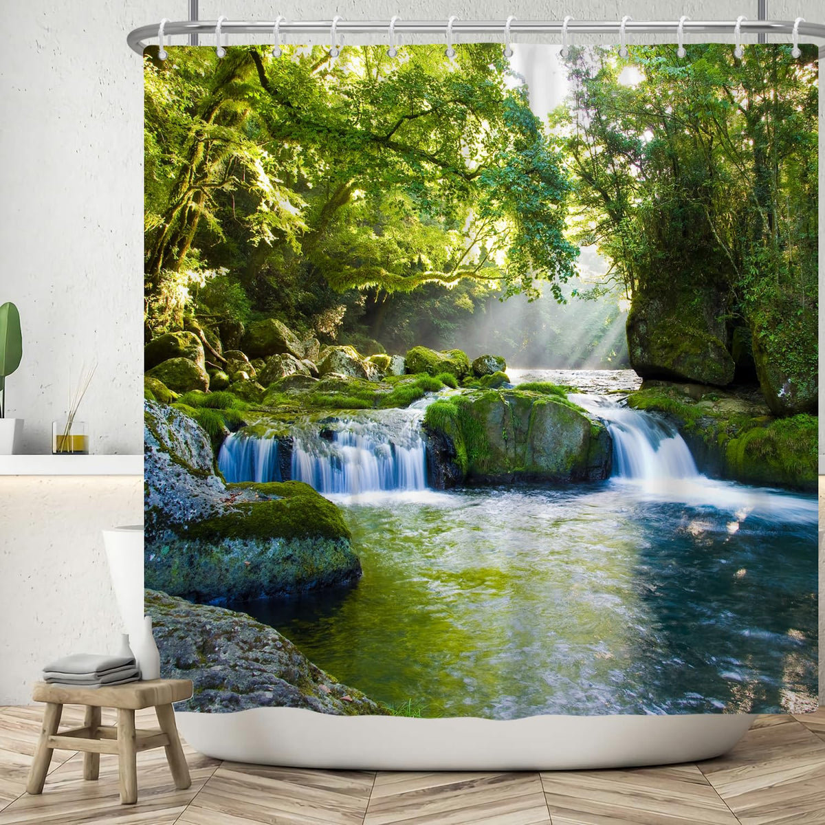 ASDCXZ Scenic Shower Curtain 180x180 cm, Graceful Natural Landscape Green Jungle Mountain Stream Bath Washable Shower Curtains Polyester Textile