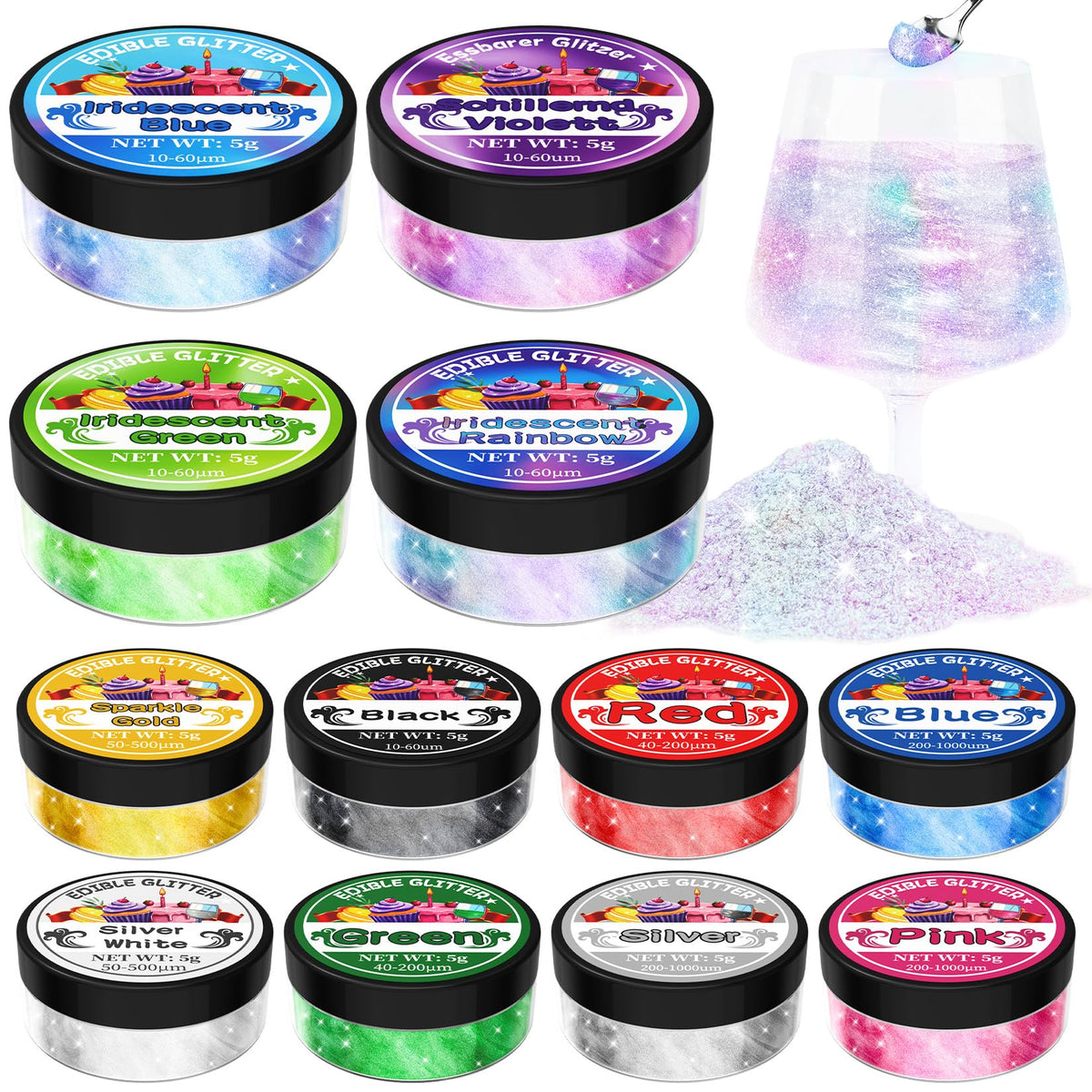 Edible Glitter - 12 Shimmer Colours Luster Dust Edible - 5g/each, Metallic Edible Glitter for Drinks, Food Colouring for Cake Decorations, Chocolate,