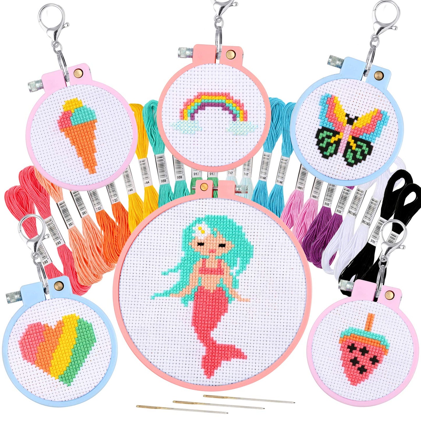 Pllieay 6 PCS Cross Stitch Beginner Projects for Kids 7-13, Starter Cross Kit Sewing Set for Backpack Charms, Needle Craft and Ornaments