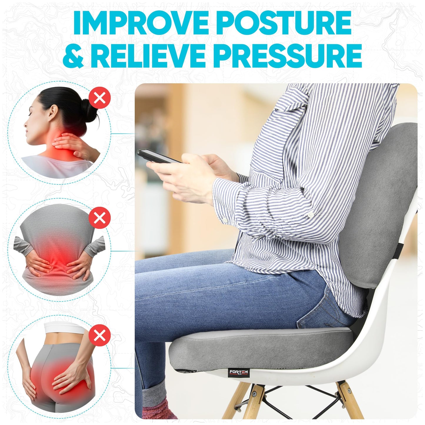 FORTEM Seat Cushion & Lumbar Support for Office Chair, Car Seat Combo