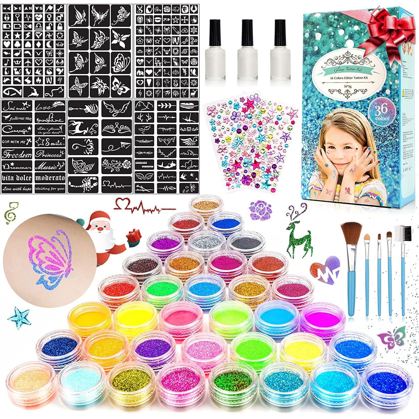 Glitter Tattoos for Kids, Temporary Tattoo Kit - 36 Colours Glitter, 182 Stencils, 6 Fluorescent, 215 Rhinestones, Skin Friendly Flash Make Up for