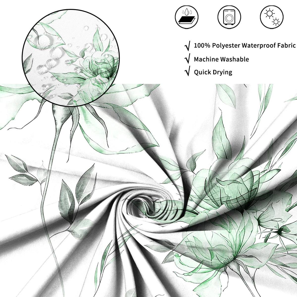 ASDCXZ Watercolor Floral Shower Curtain 180x200 cm, Ink Painting Style Green Flowers Leaves Spring Plants Waterproof Bath Curtain Polyester Textile
