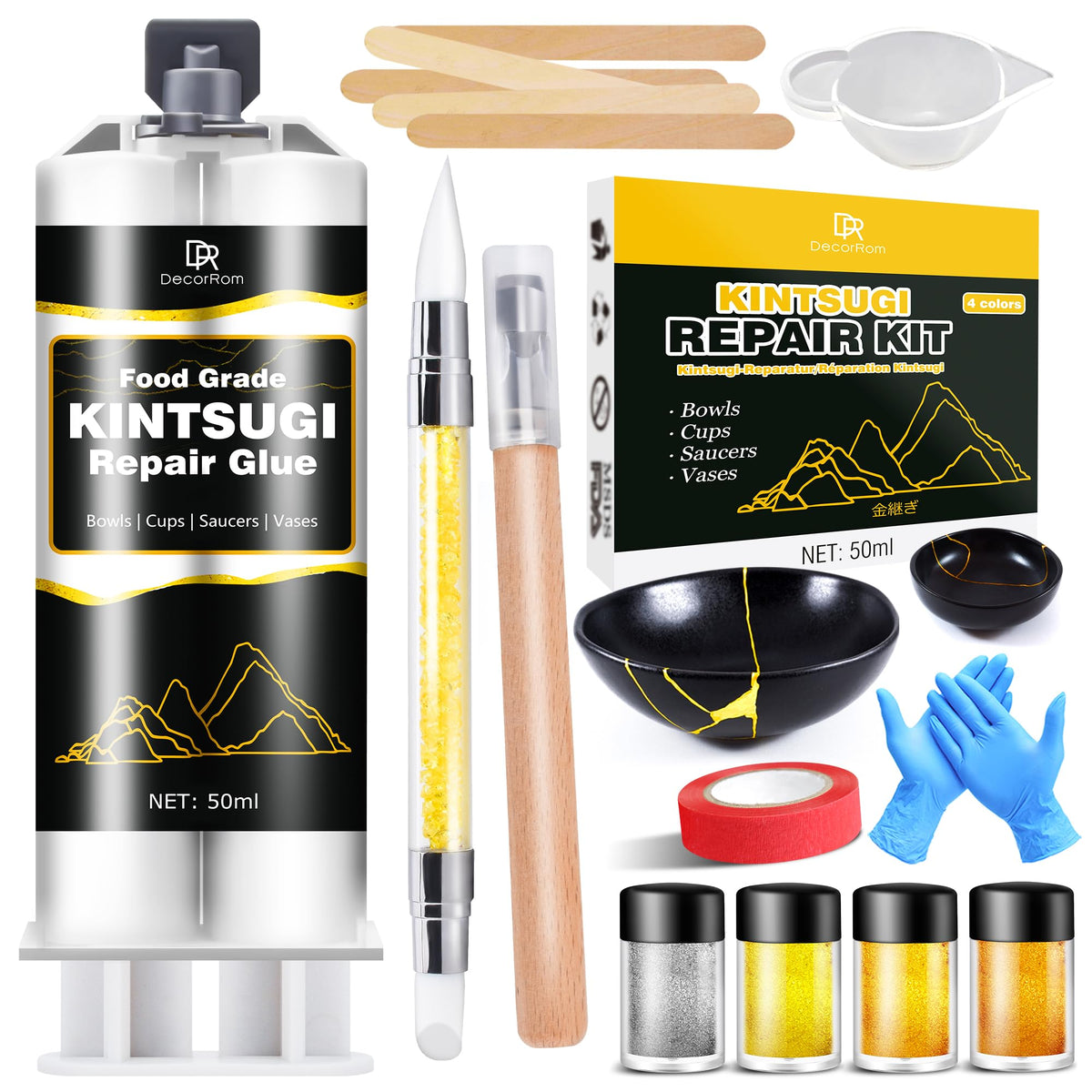 Kintsugi Repair Kit, Upgraded Food Safe Gold & Silver Kintsugi Kit for Broken Ceramics Kintsugi Gold Glue, Ceramic Glue for Pottery, Fast Curing