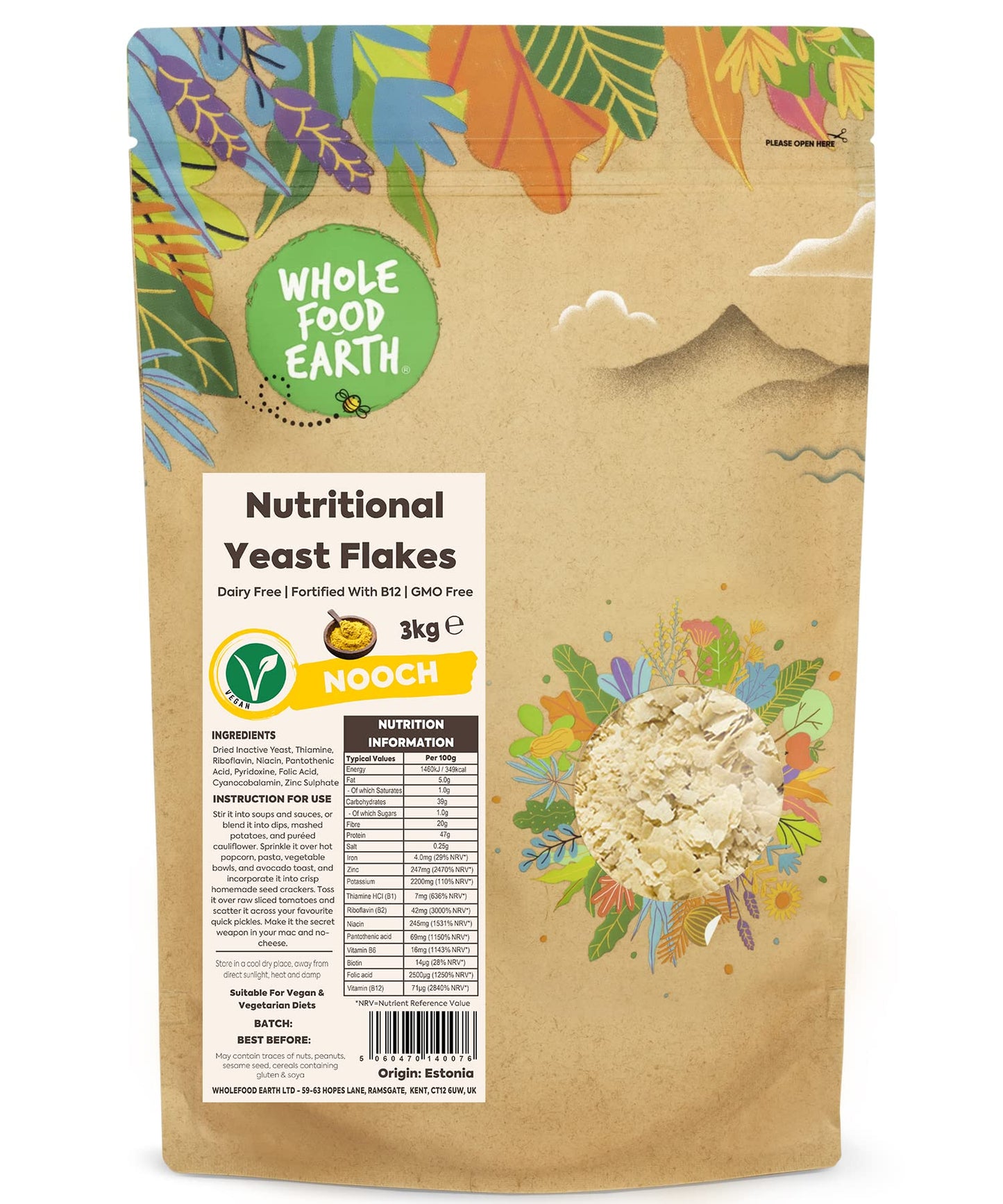 Wholefood Earth - Nutritional Yeast Flakes, 3 kg - with B12, Dairy Free, GMO Free, Vegan