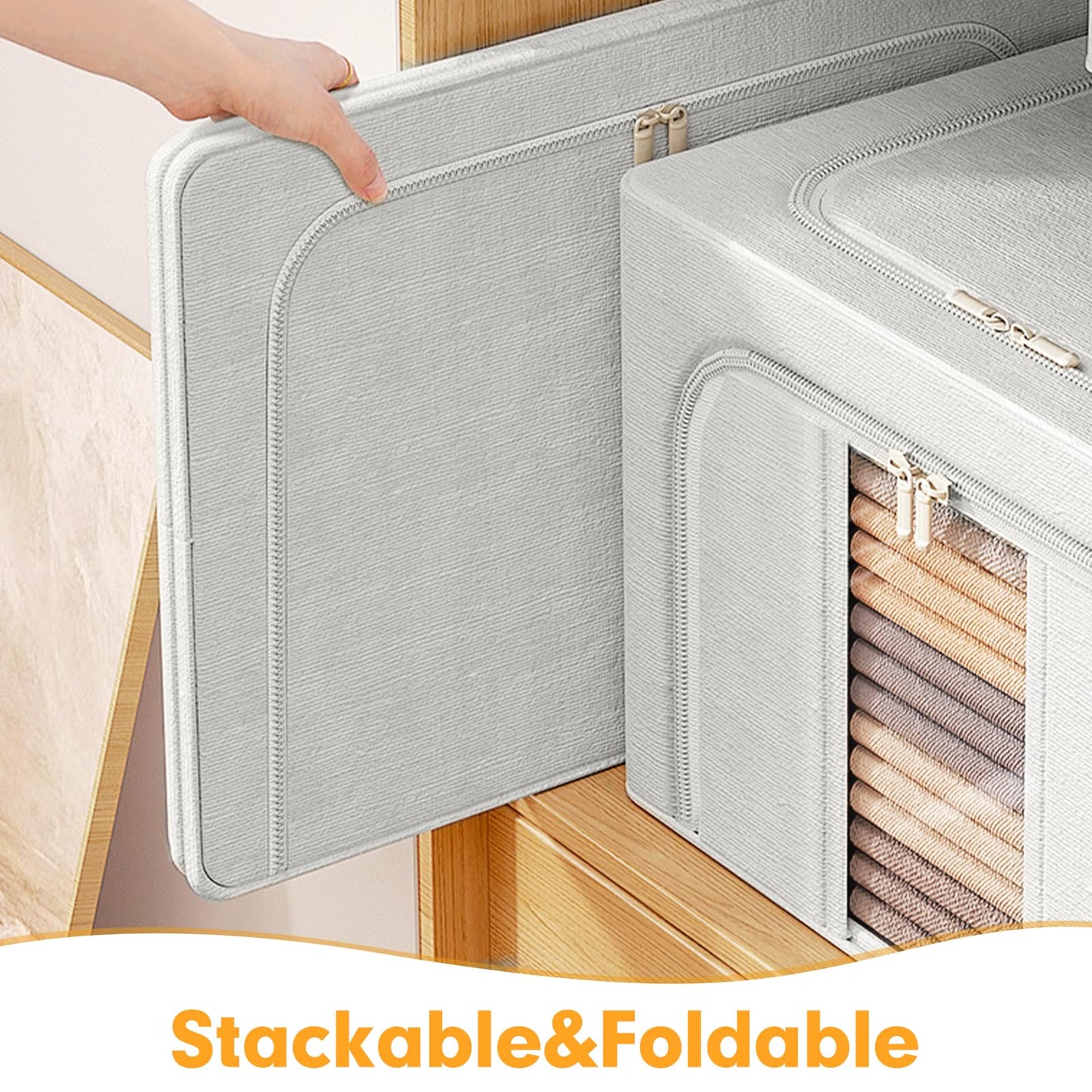 AIOR 2PCS 24L Clothes Storage Bags with Metal Frame, Foldable Fabric Storage Boxes with Clear Windows for Blankets Bedding Comforters