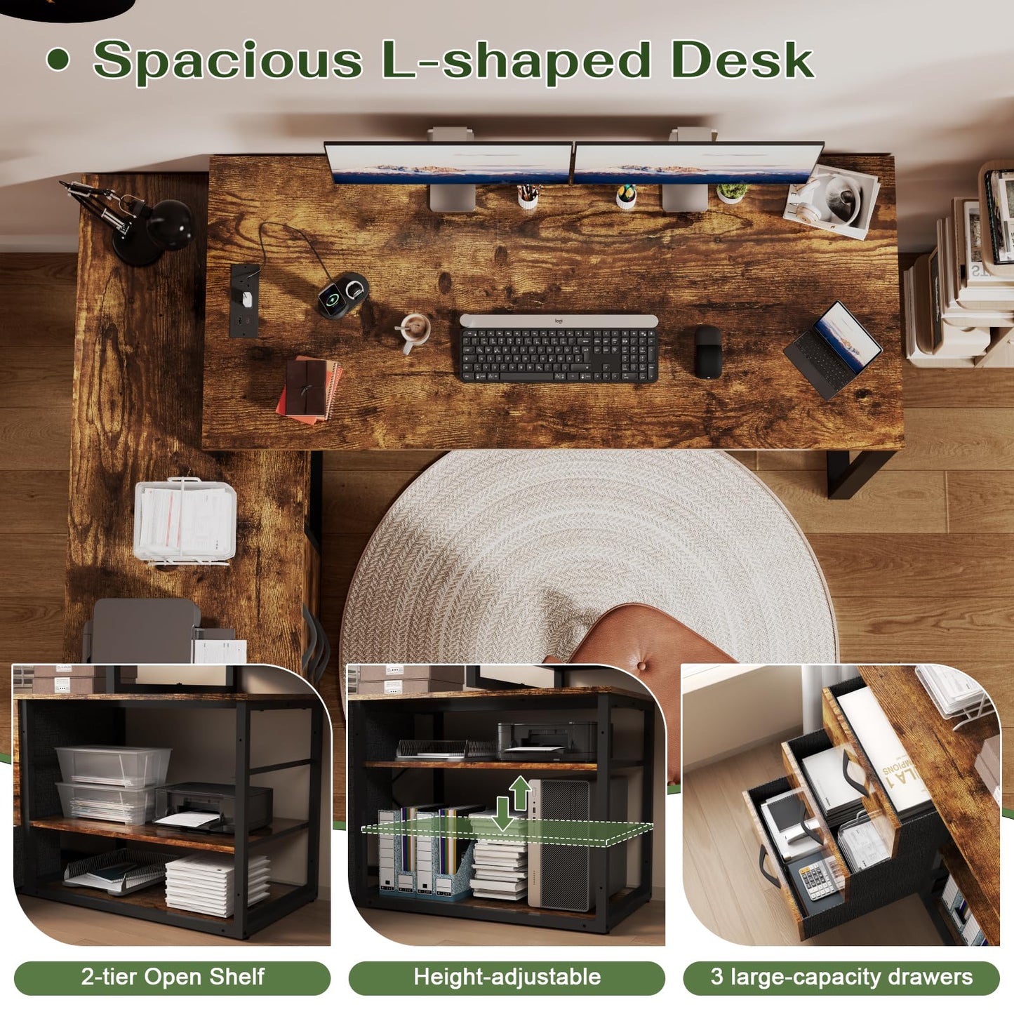 JUMMICO Corner Desk with 3 Drawers, Reversible L Shaped Computer Desk 140x105cm with Extra Storage Space,Office Desks with Power Outlet,Adjustable