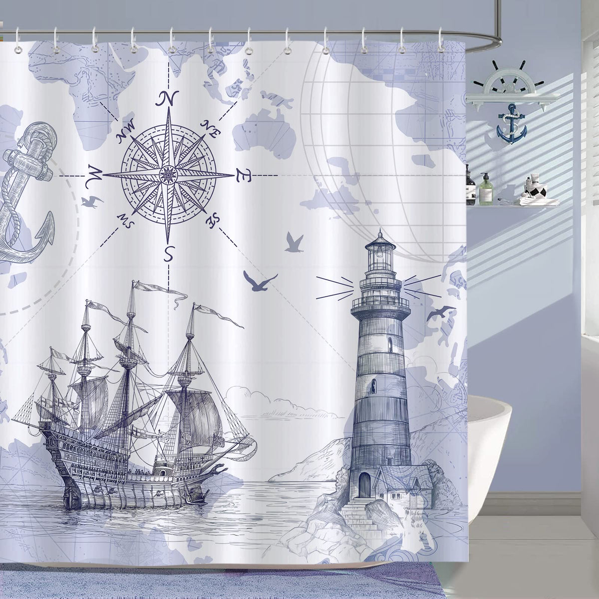 Bonhause Nautical Shower Curtain 180 x 180 cm Lighthouse Compass Anchor Blue Bathroom Curtain Waterproof Mildew & Mould Resistant Polyester Fabric