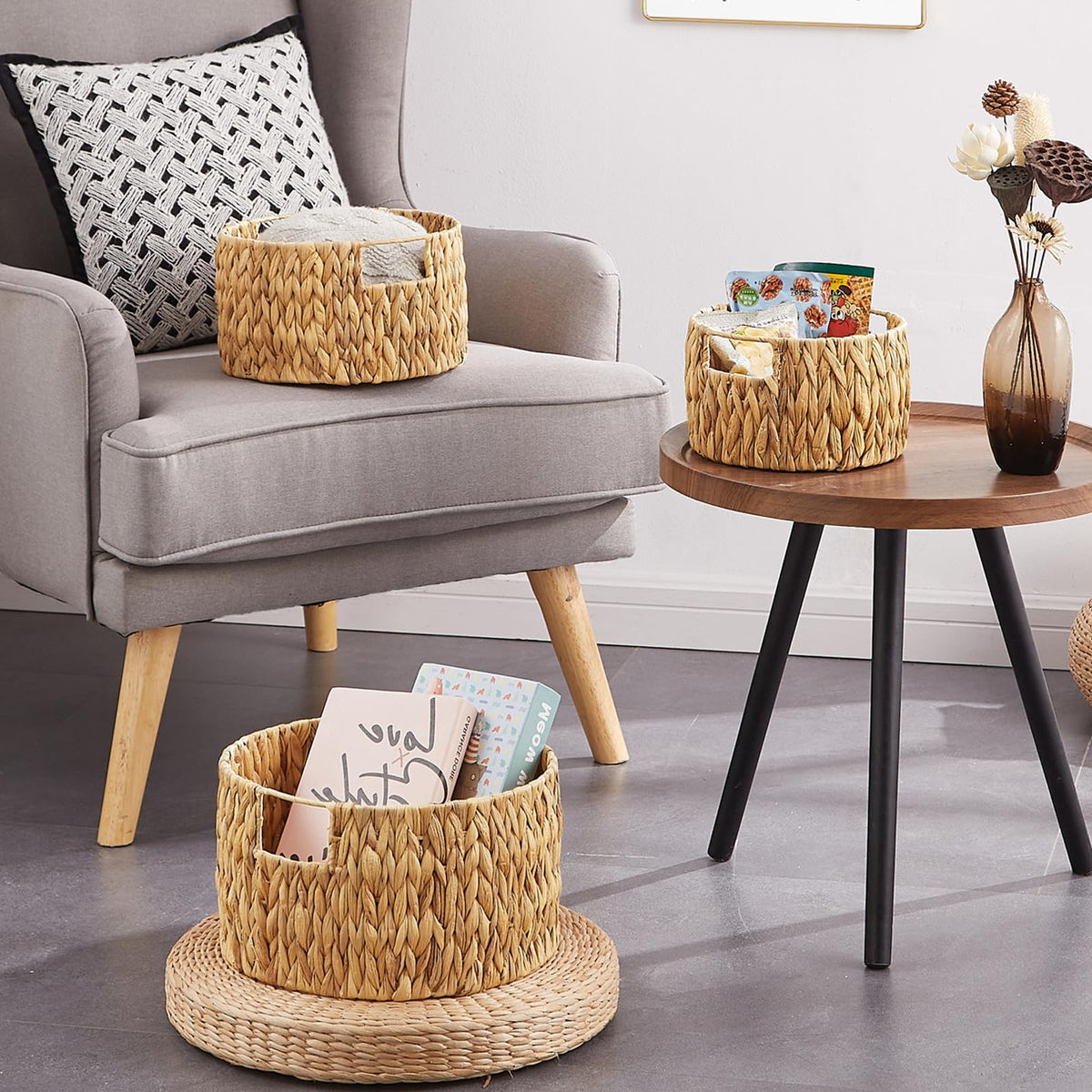 Vagusicc Water Hyacinth Storage Basket Set of 3, HandWoven Round Wicker Storage Basket with Handle, Natural Woven Shelf Basket Organizer