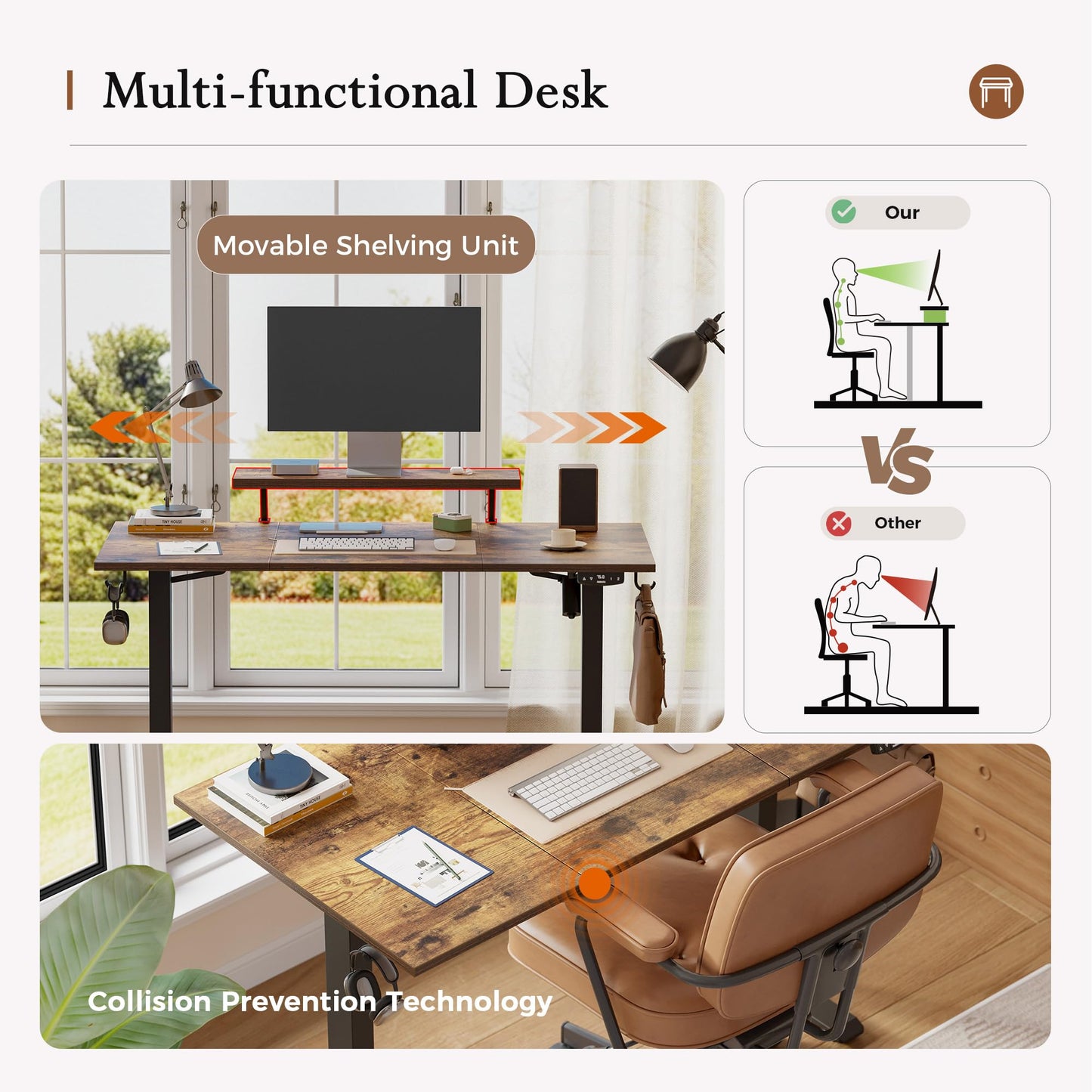 Klicelor Eletric Height Adjustable Desk, Movable Monitorstand, 140x60cm